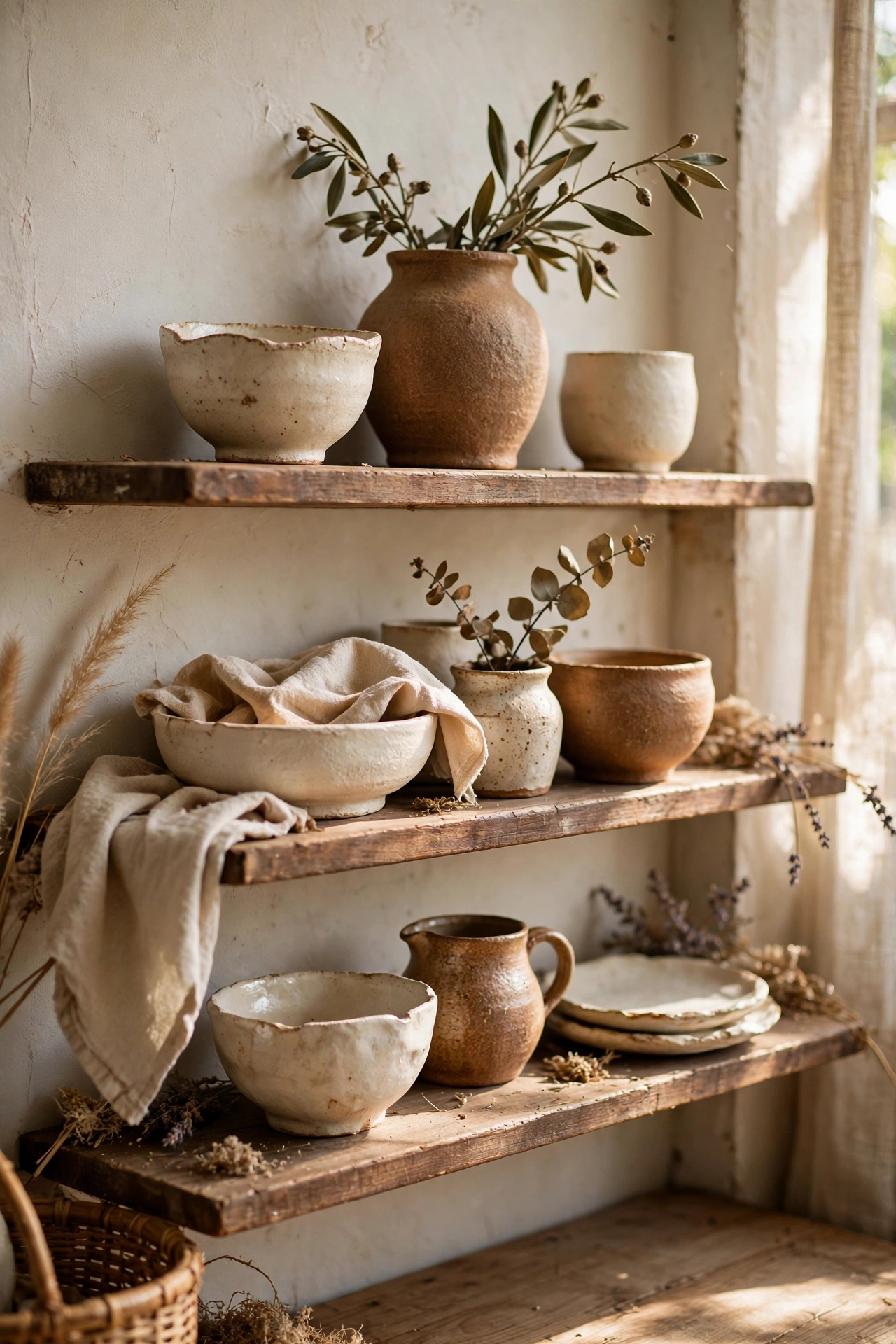 Shelf of handmade wabi-sabi stoneware ceramics