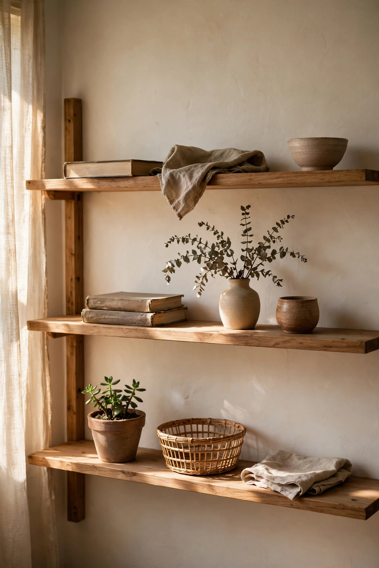 Open shelves styled sparingly with space around each object