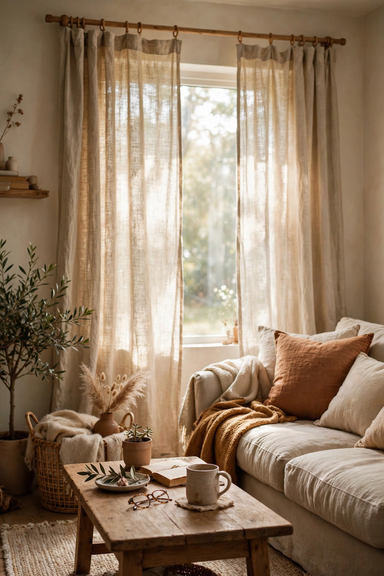 Natural oatmeal linen curtains filtering soft light