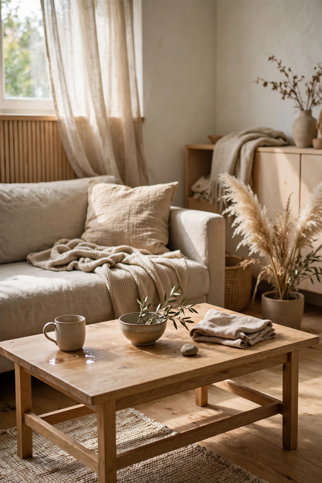 Low simple wooden coffee table in a Japandi living room