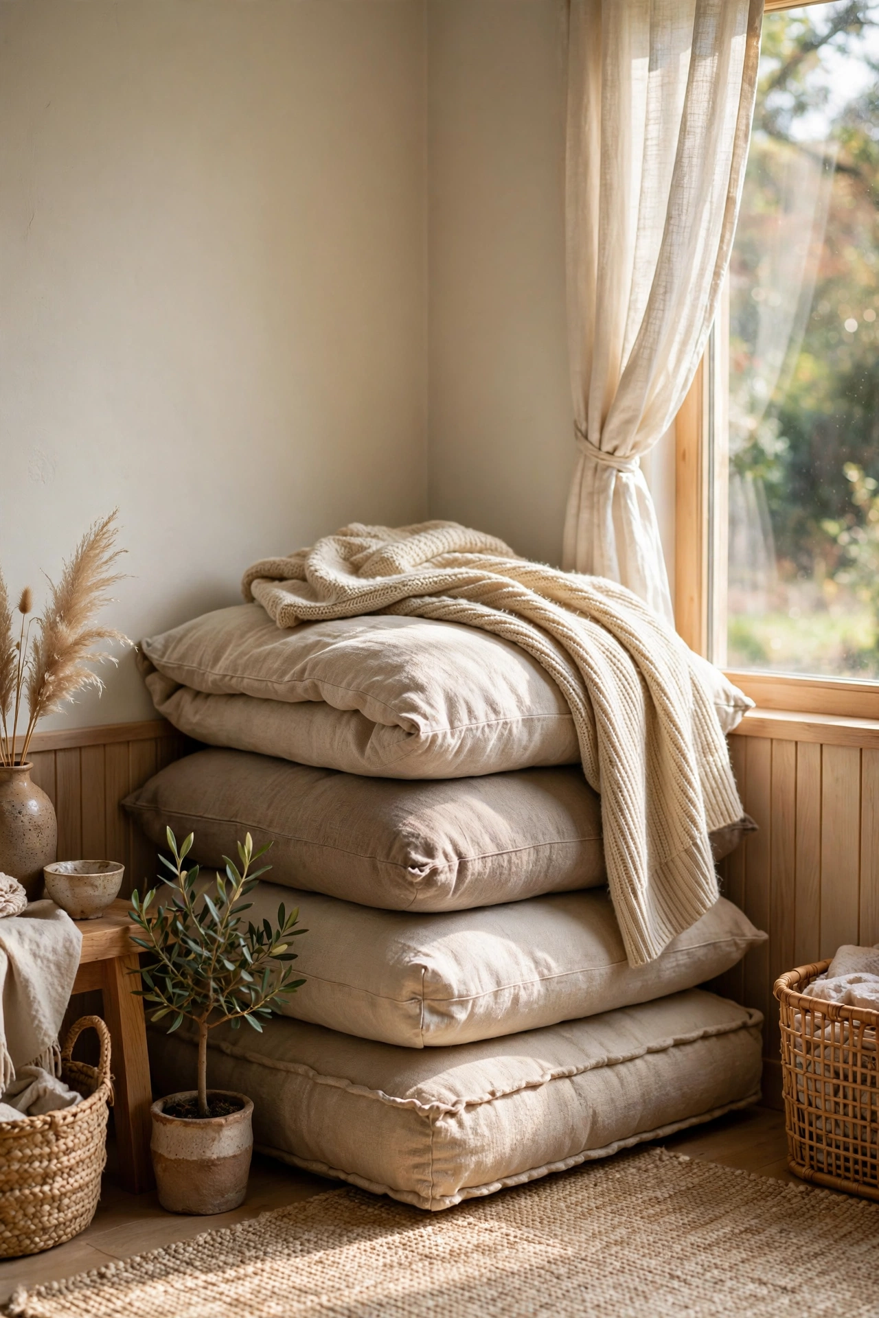 Stack of natural floor cushions in a Japandi corner