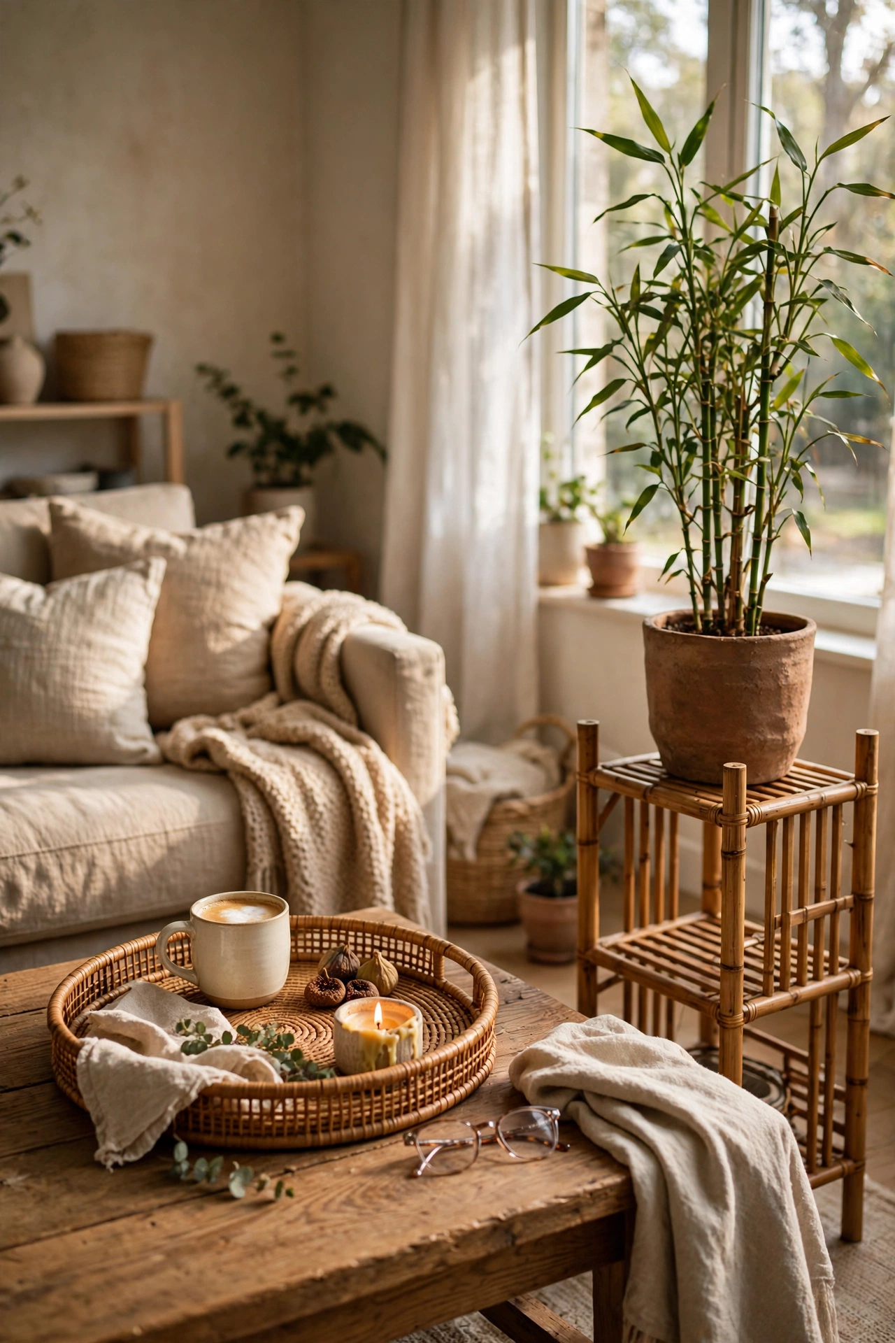 Rattan tray and bamboo plant stand adding natural texture