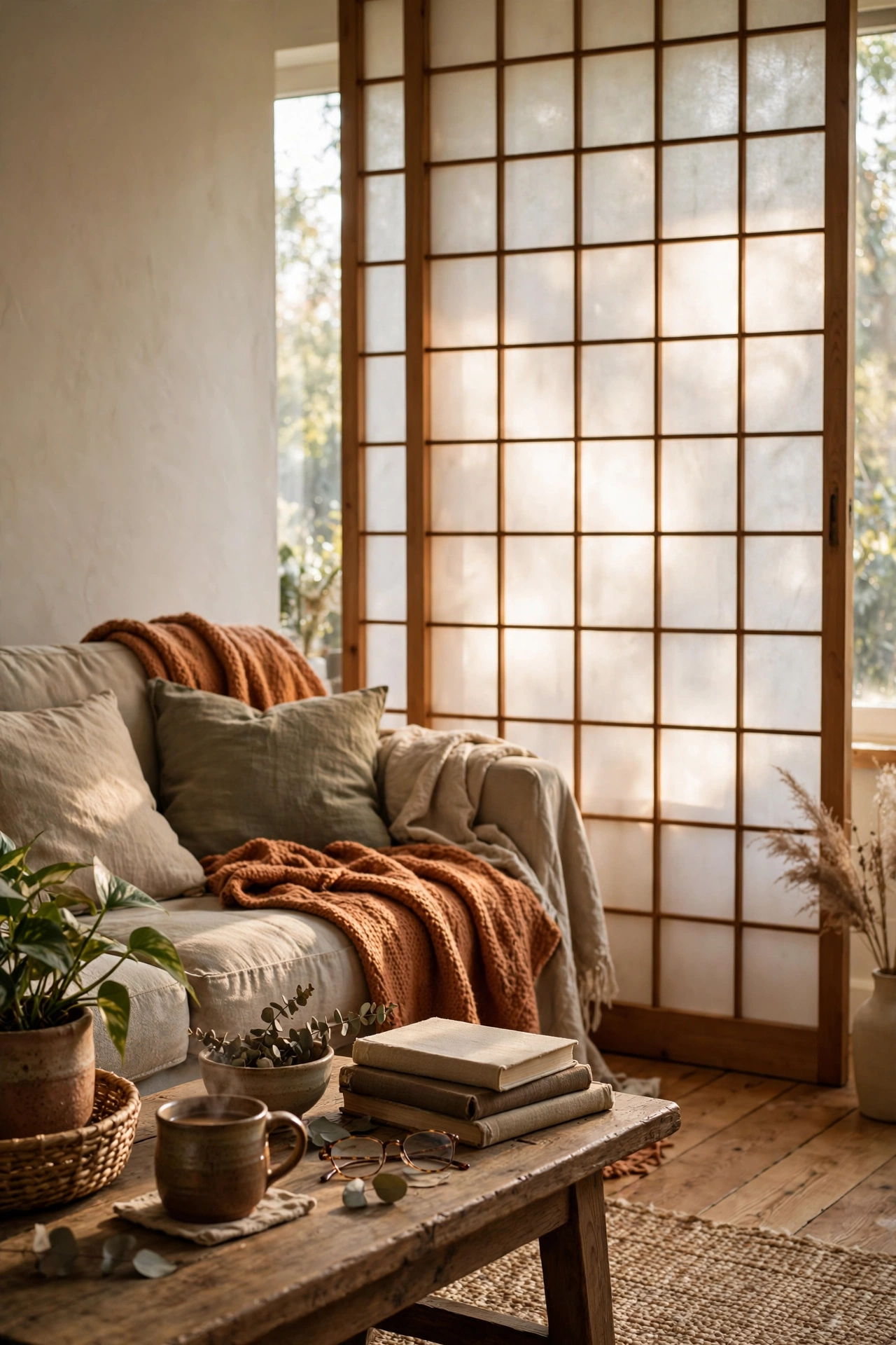 Shoji style screen filtering light in a living room