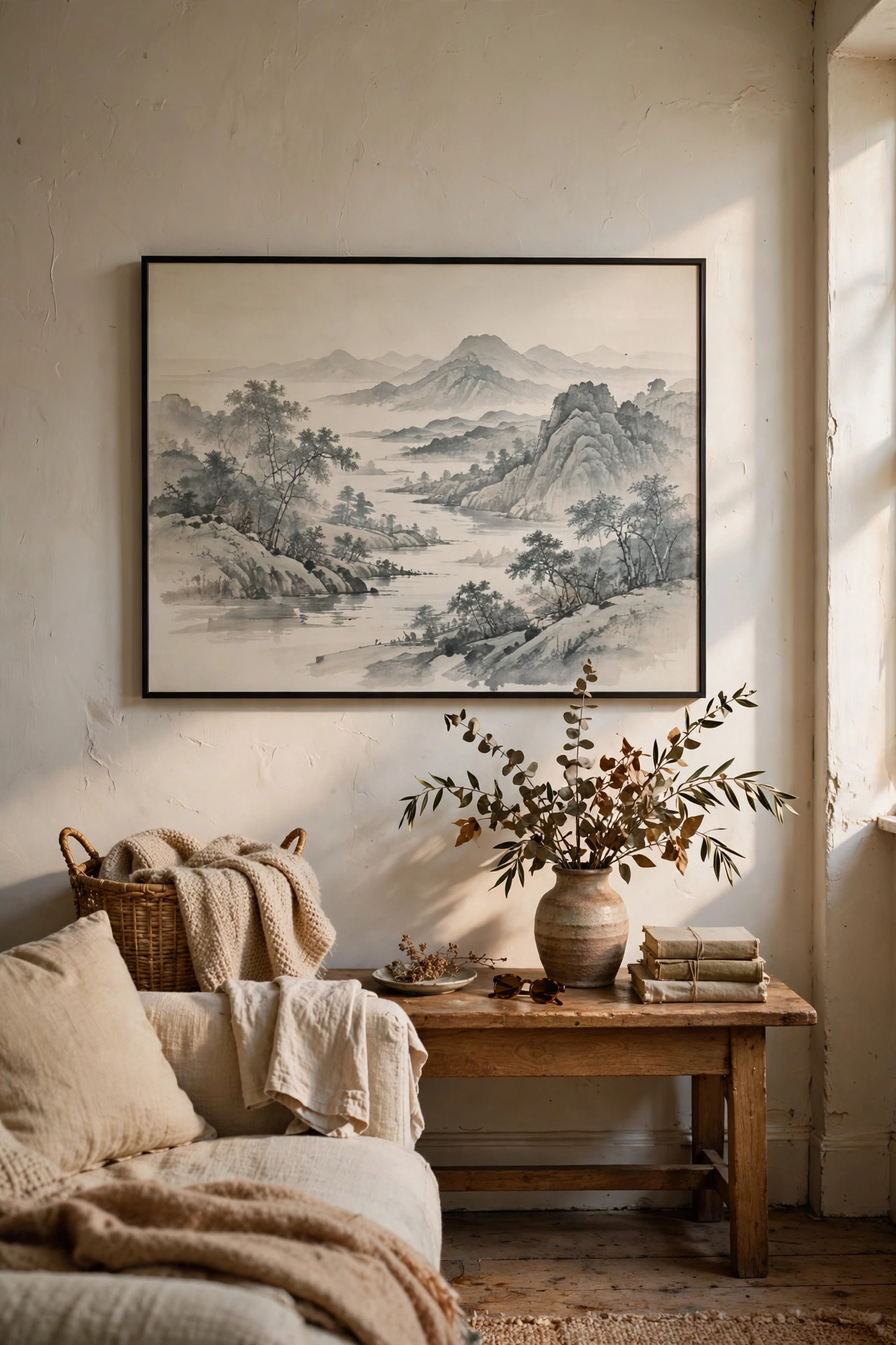 Single large ink landscape print in a simple frame