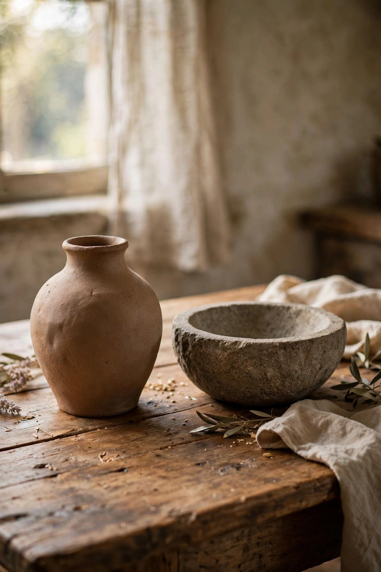 Raw clay vase and stone bowl with tactile matte finishes
