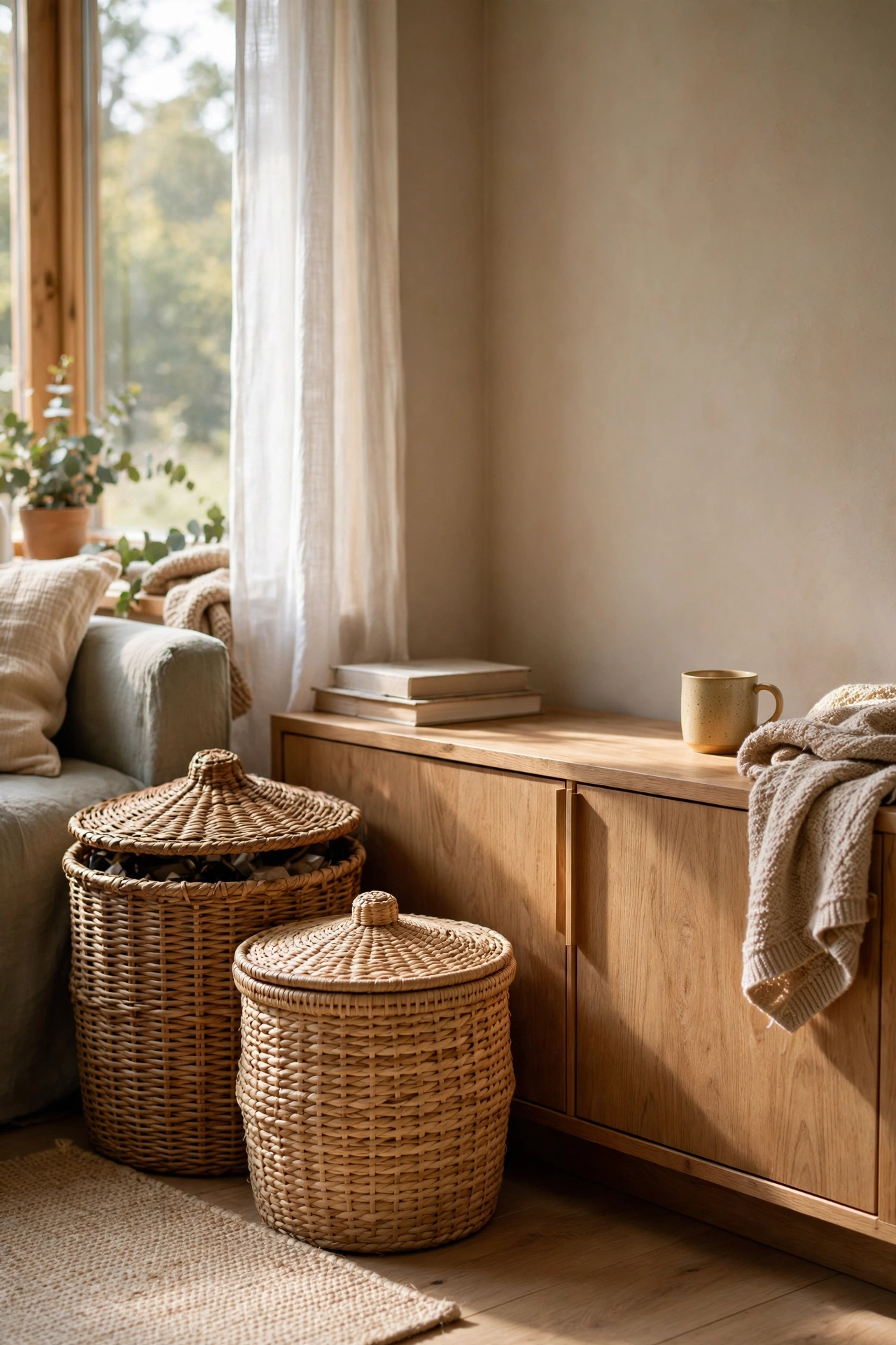 Lidded baskets hiding clutter in a calm living room
