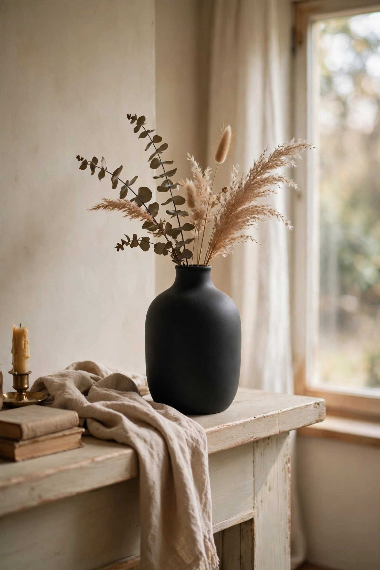 Single matte black vase giving contrast in a pale room