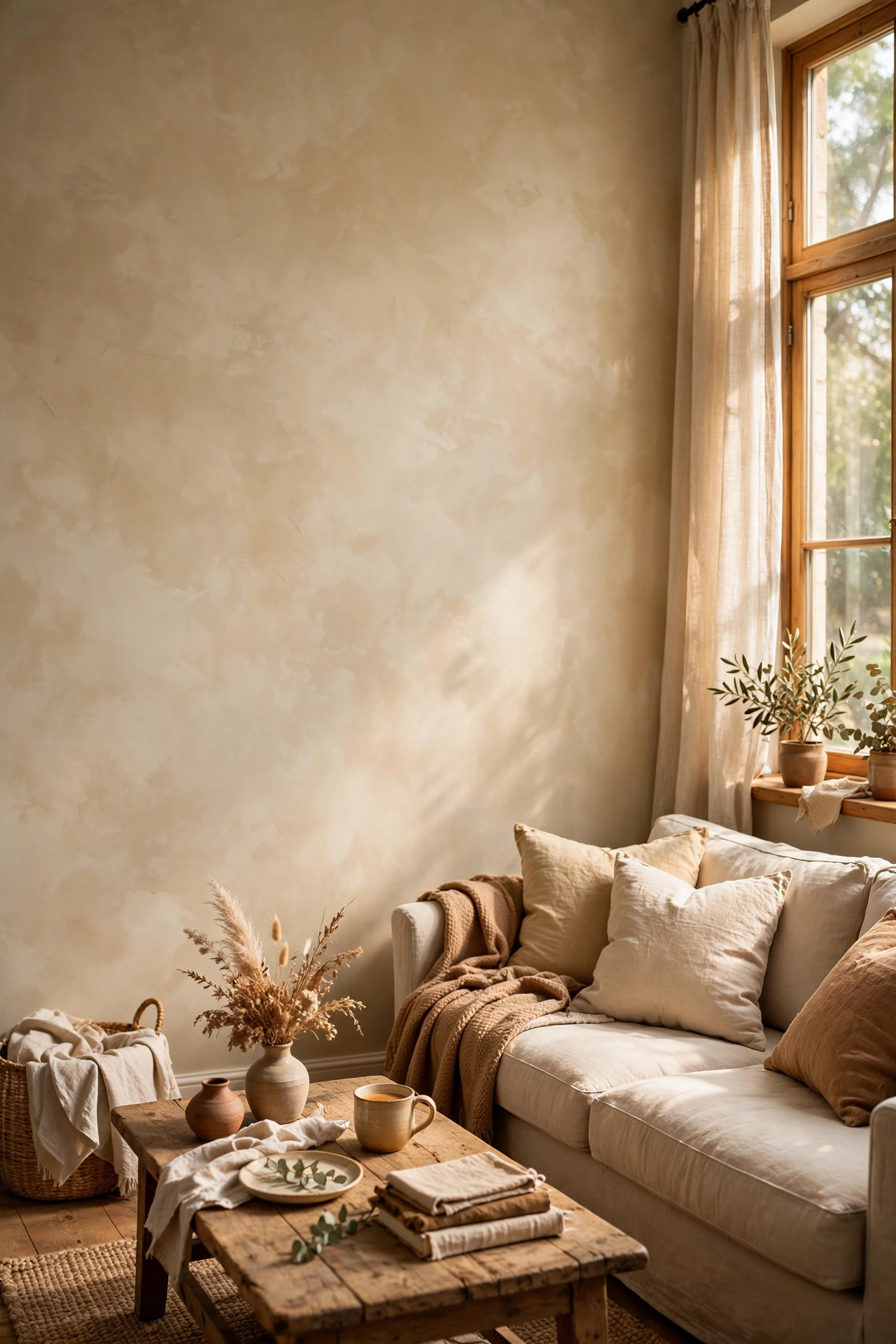 Limewash wall in warm beige with soft cloudy texture