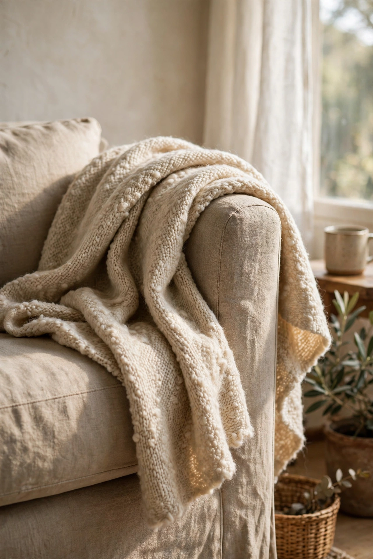 Single undyed wool throw draped over a sofa arm