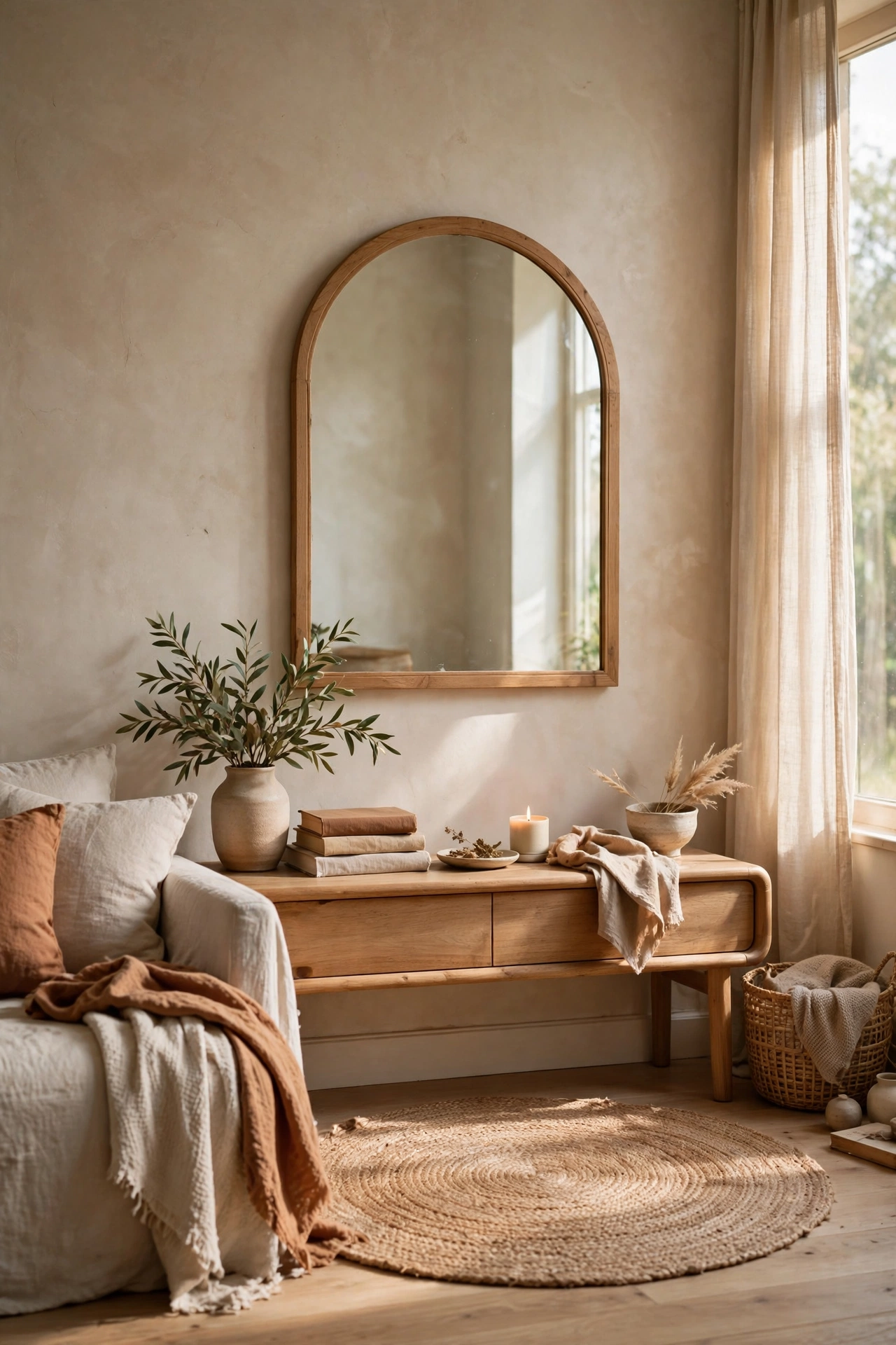Arched mirror and round rug adding curves to a minimal room