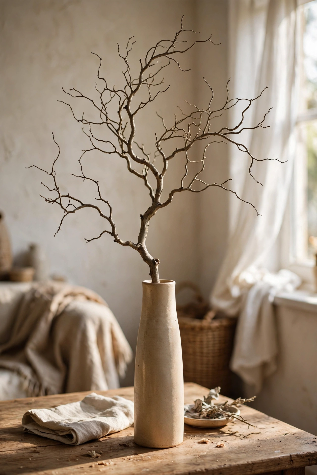 Single sculptural branch in a tall simple vase