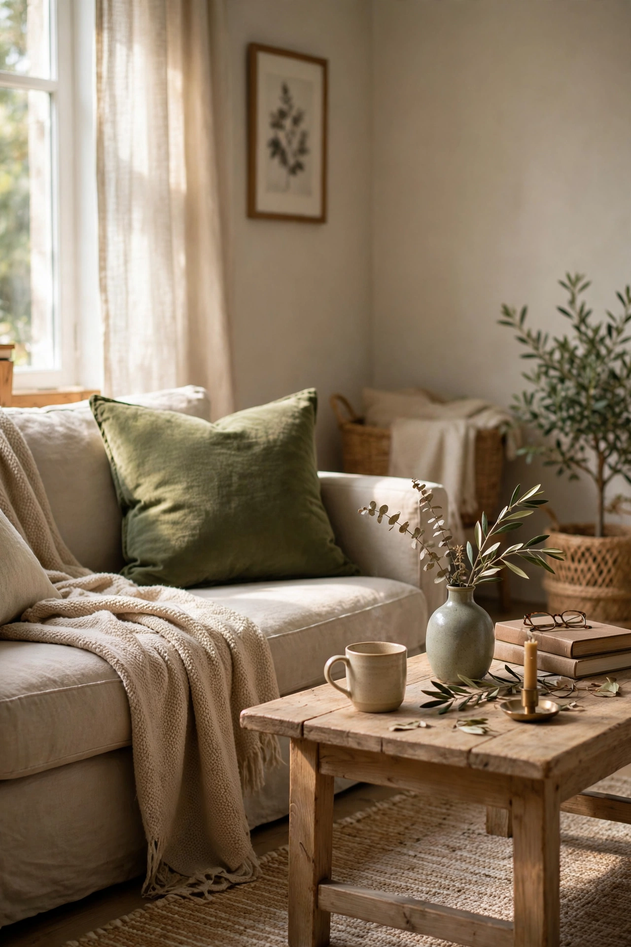 Moss green cushion as a muted accent in a neutral room