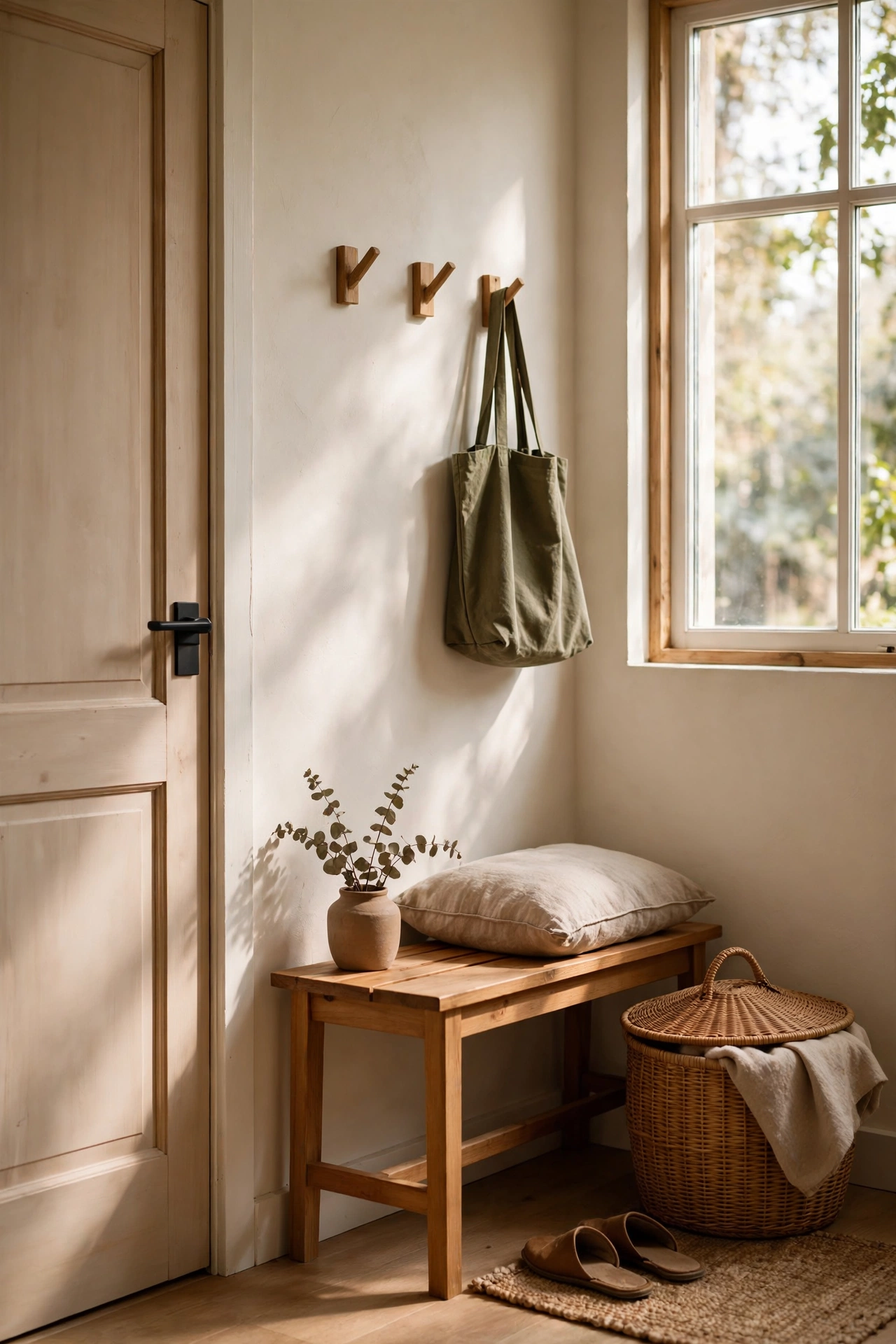 Minimal entryway with a simple bench and lidded basket