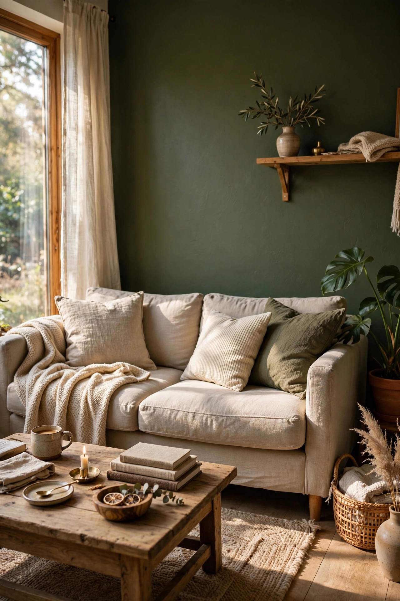 Living room feature wall painted in deep olive green