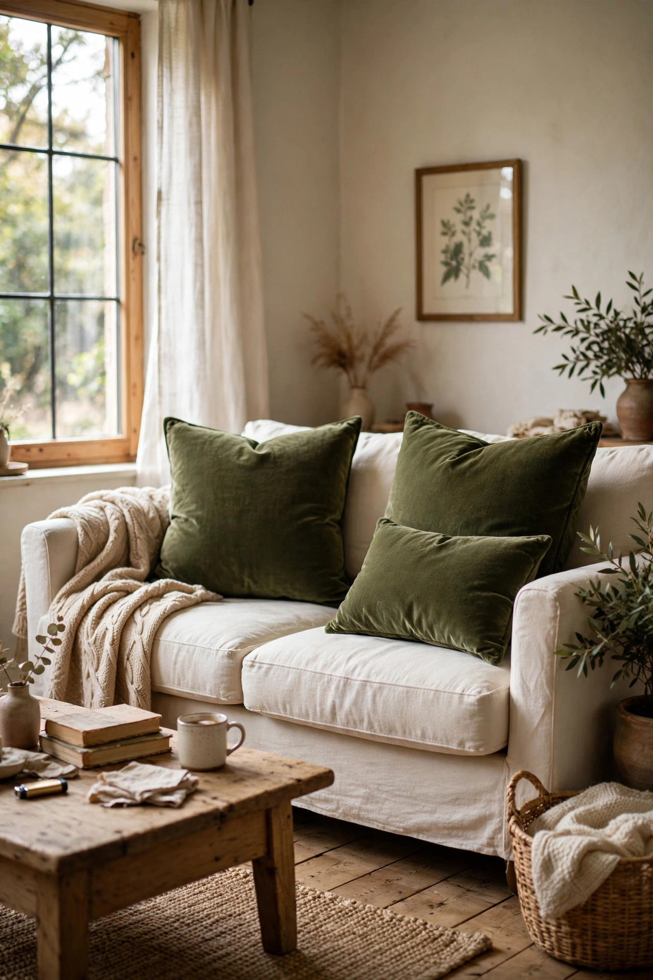 Olive green velvet cushion covers on a cream sofa