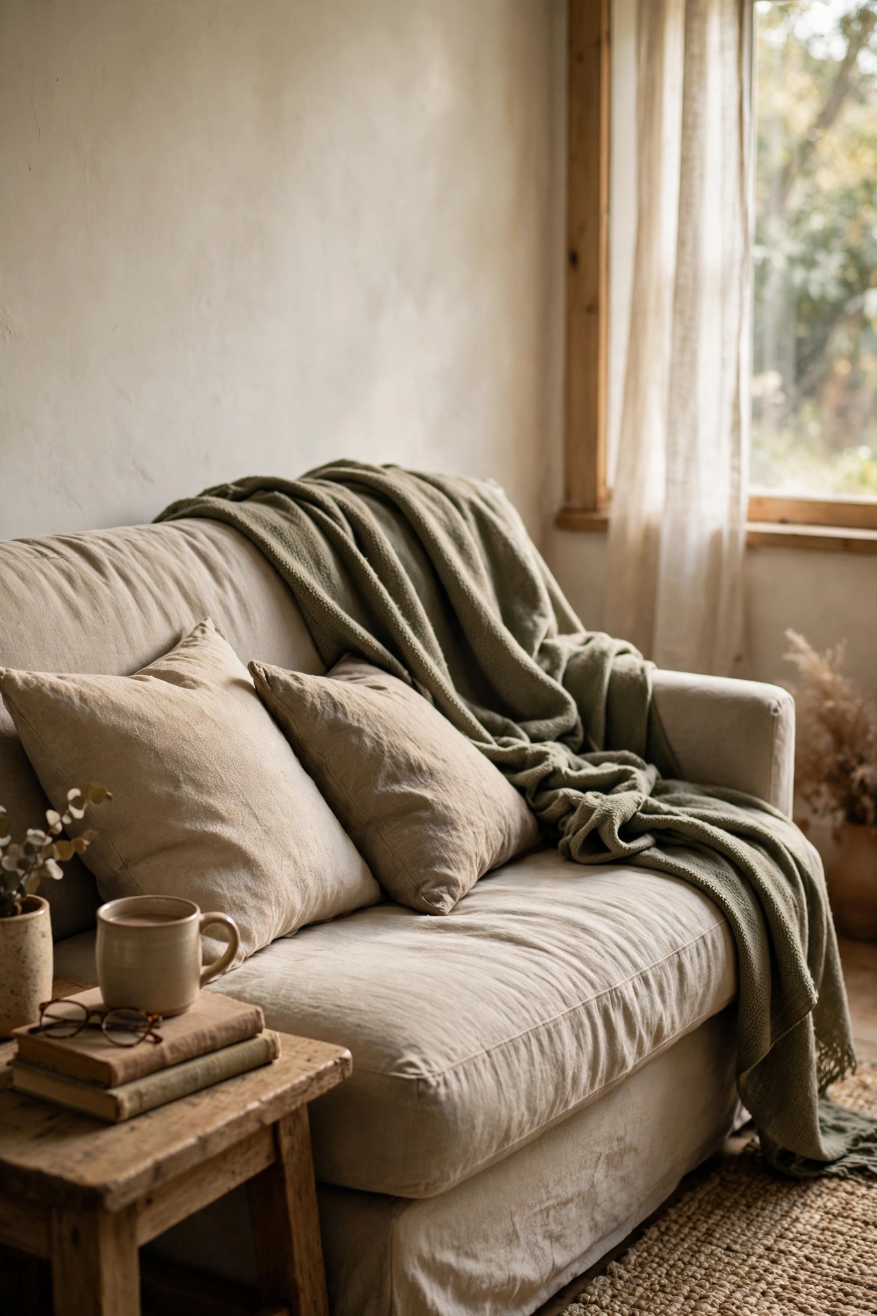 Olive green throw draped over a sofa back