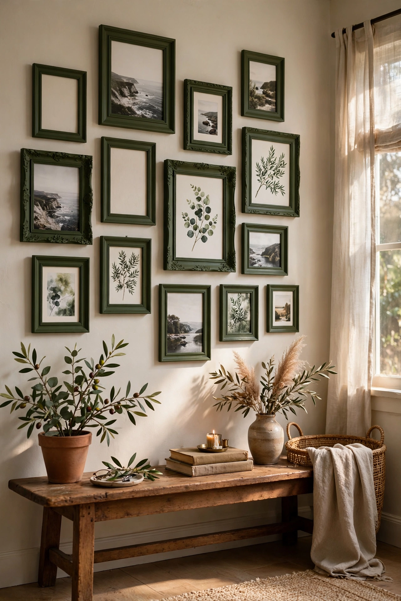 Gallery wall of frames painted deep olive green