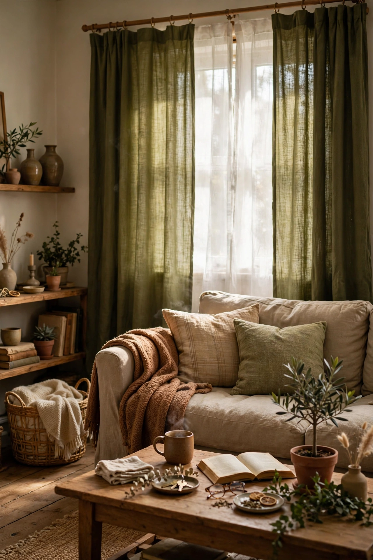 Olive green curtains bringing earthy warmth to a living room