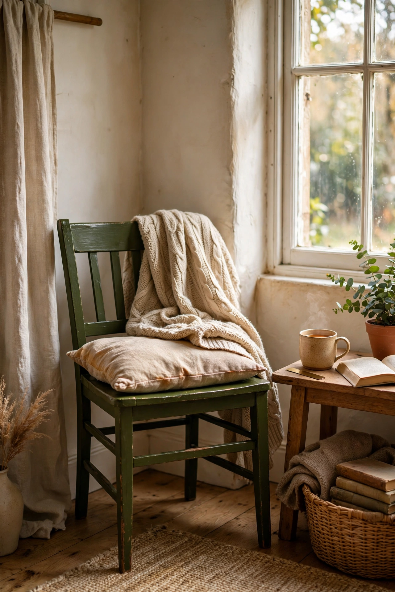 Wooden chair upcycled with deep olive paint