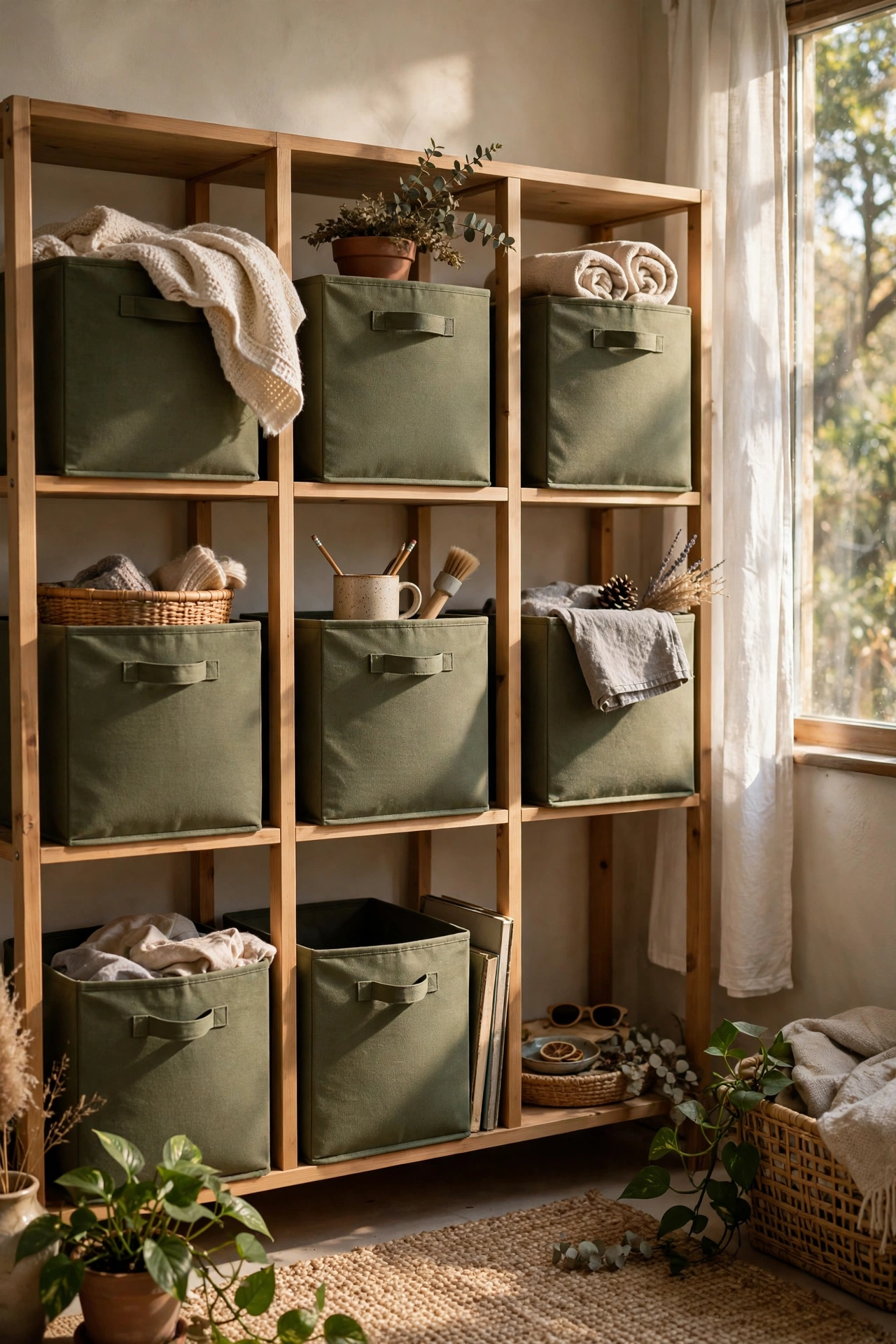 Olive fabric storage cubes styled on open shelves