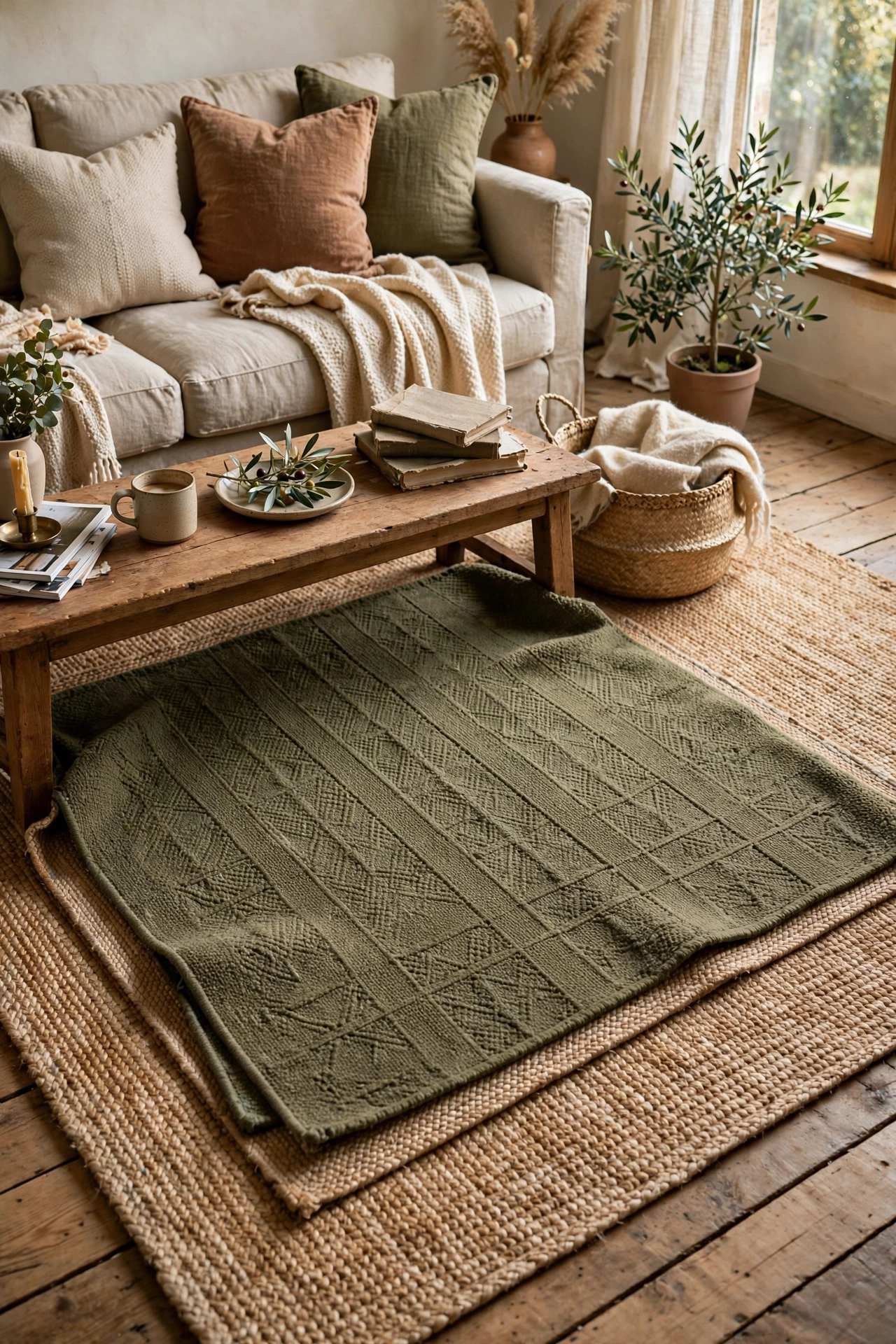 Olive flatweave rug layered over a natural jute rug