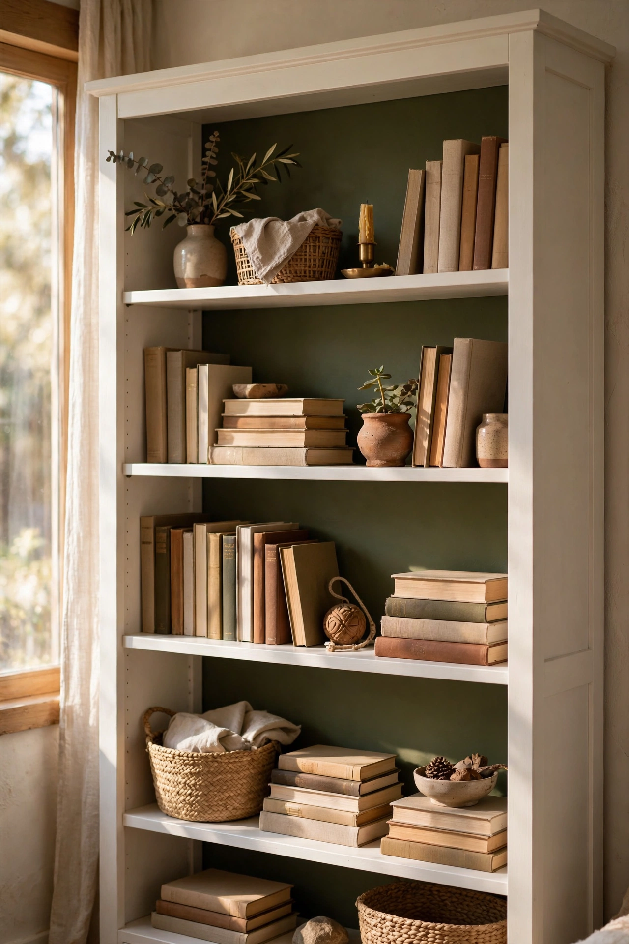 Bookcase with its back panel painted deep olive