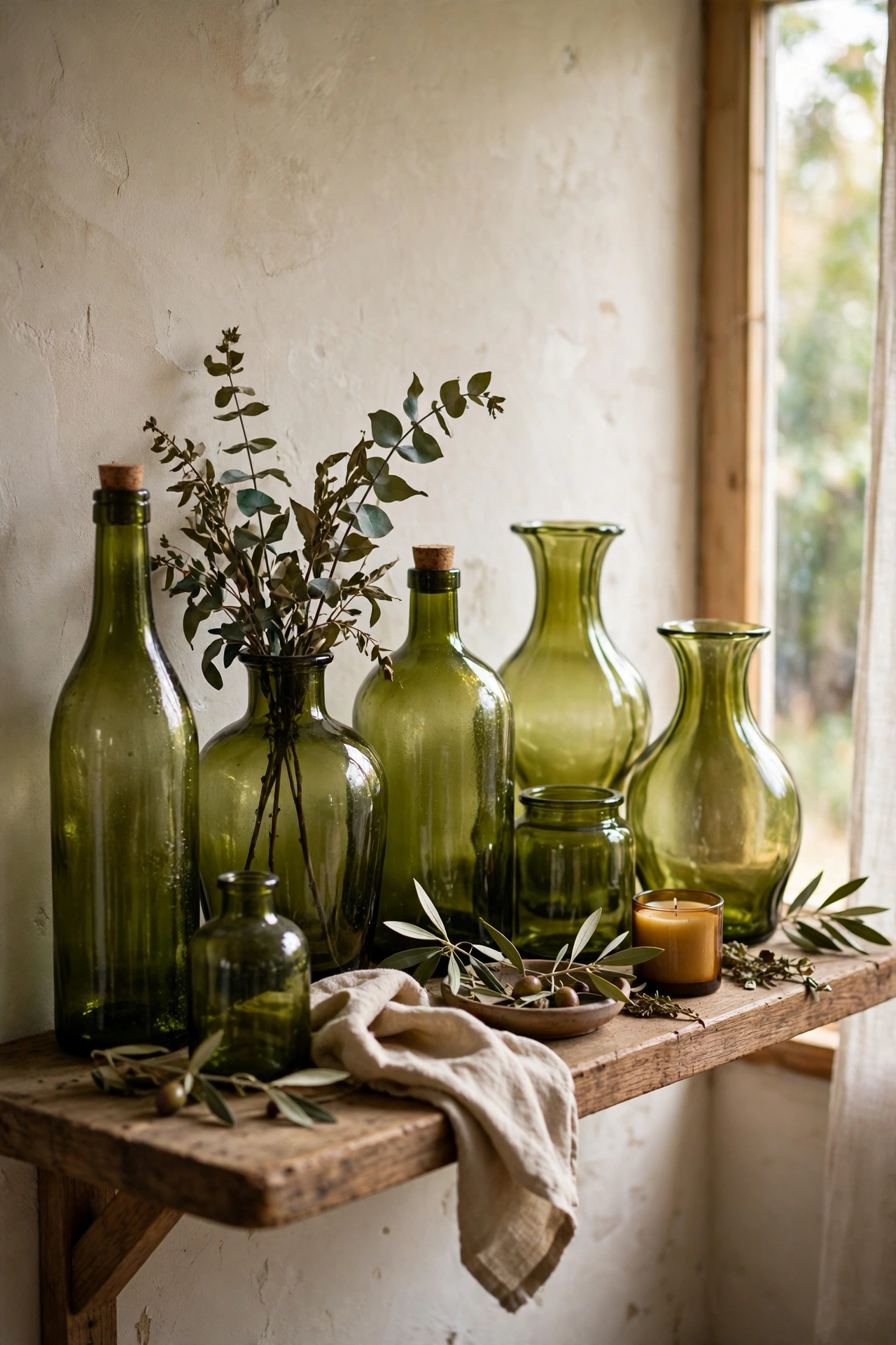 Collection of olive green glass bottles and vases on a shelf