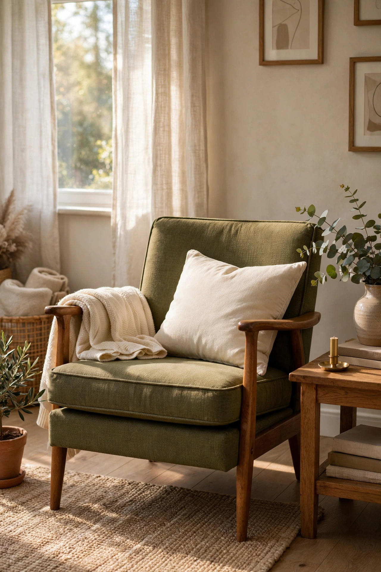 Olive green armchair as a statement piece in a neutral room