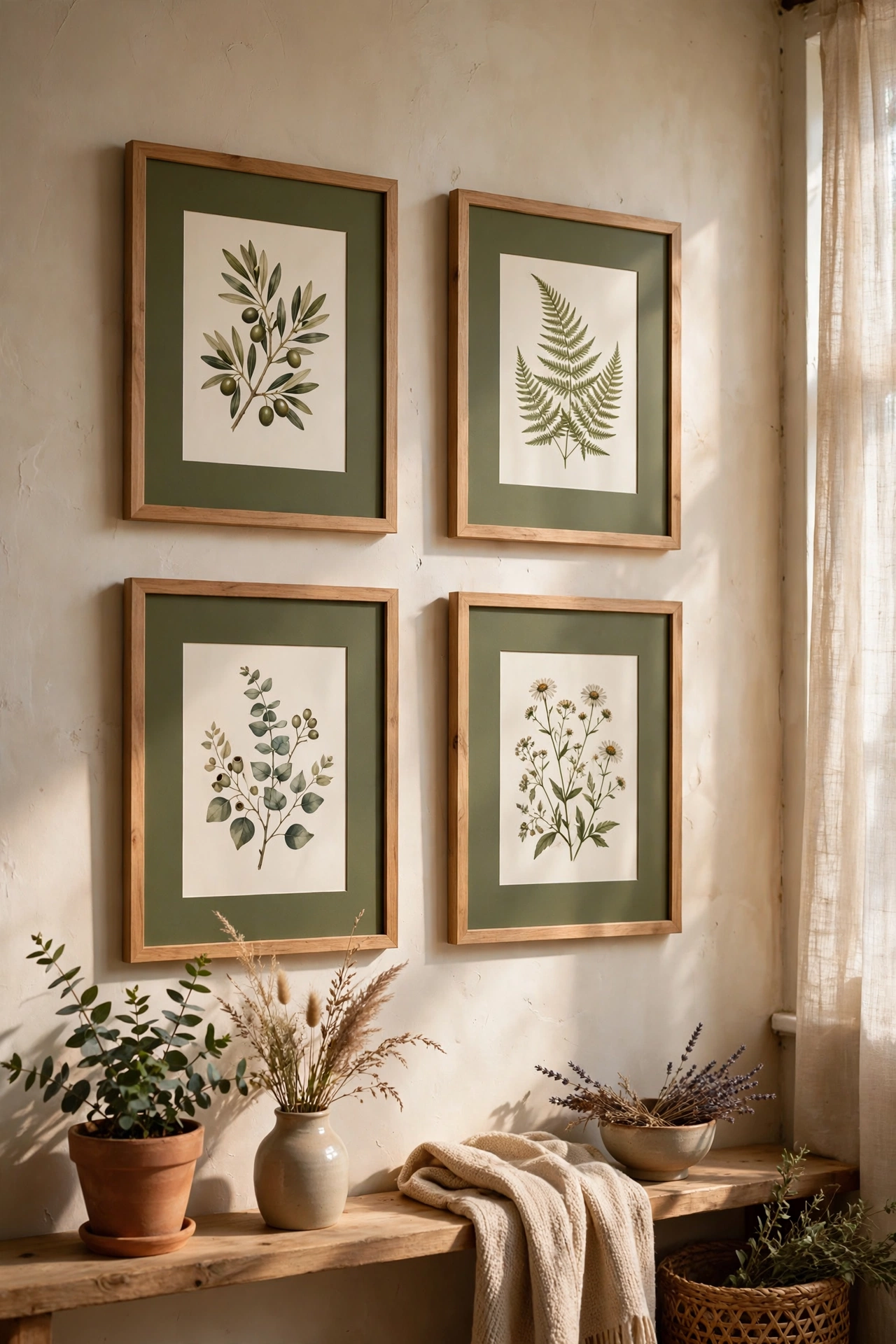 Botanical prints with olive mounts in simple frames