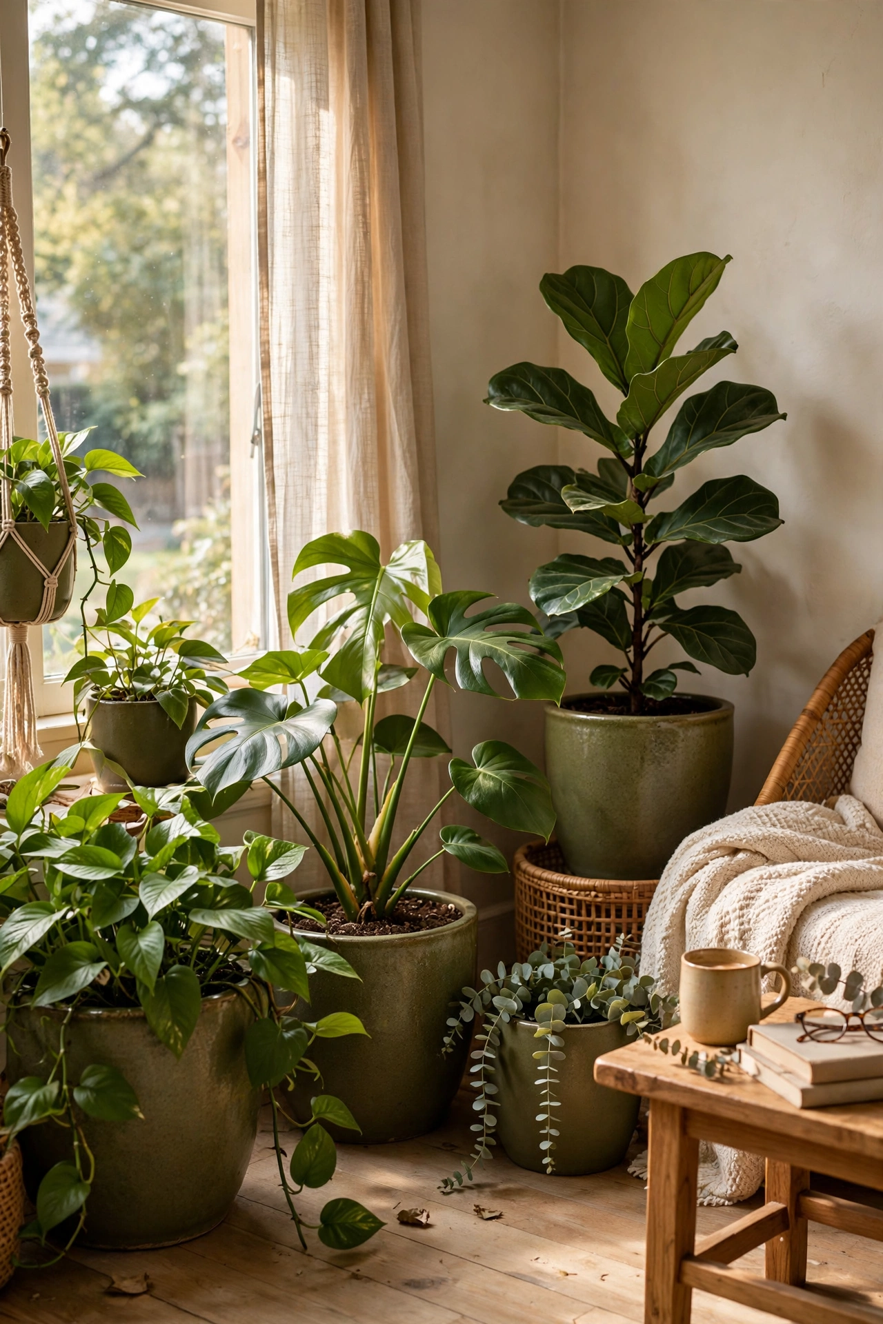 Houseplants in olive ceramic planters