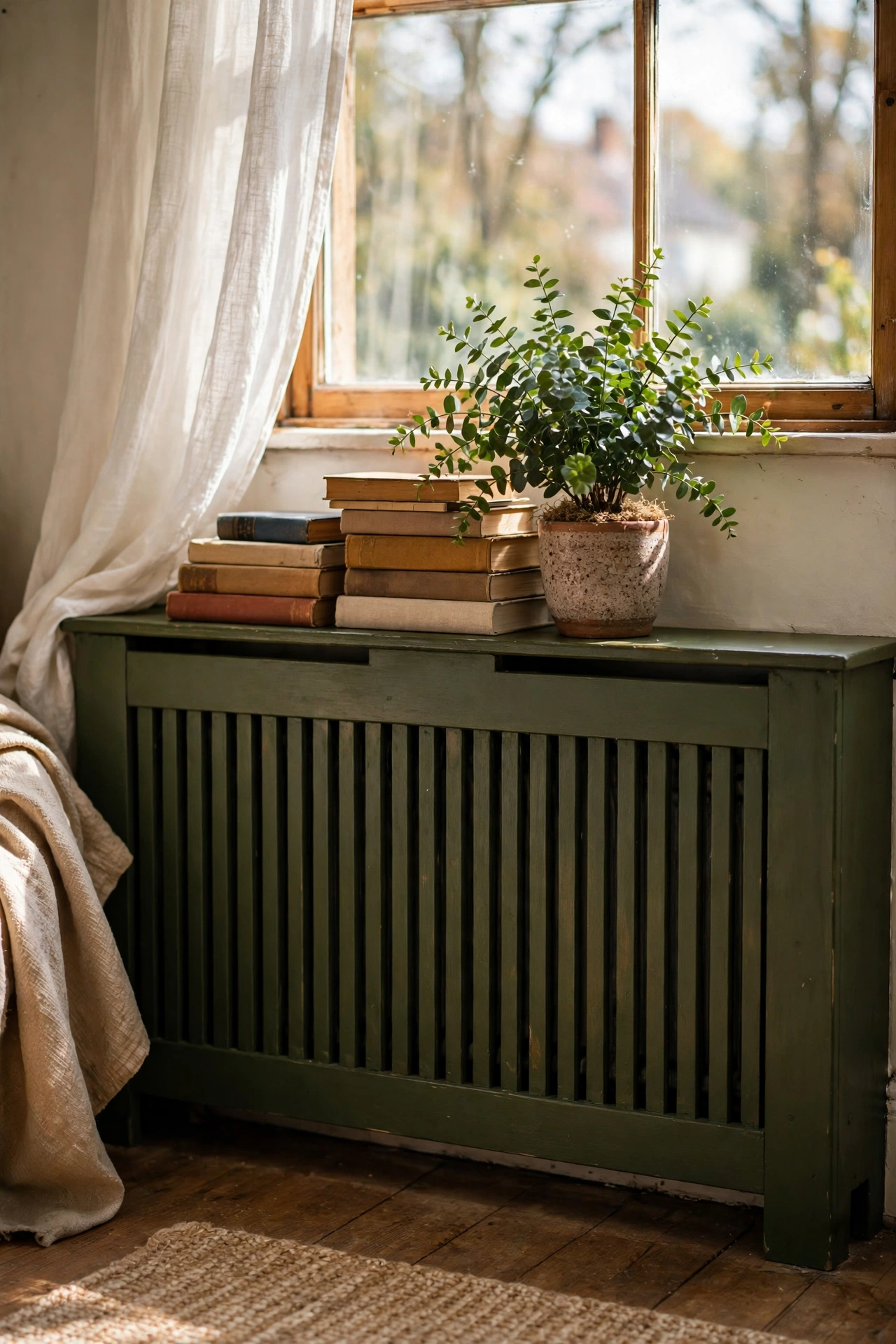 Radiator cover painted deep olive holding books and a plant