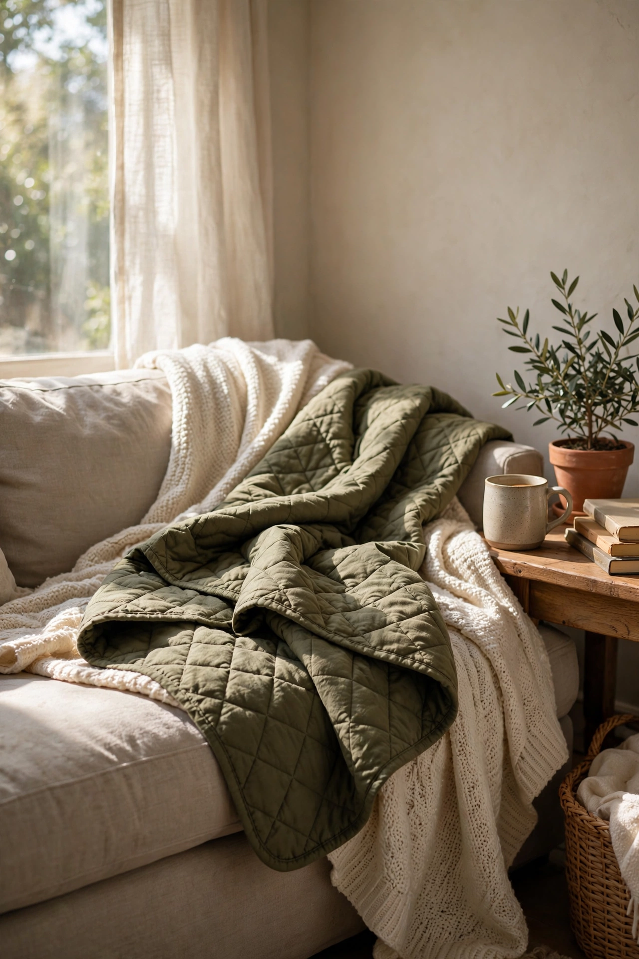 Olive quilt layered over a cream throw on a sofa
