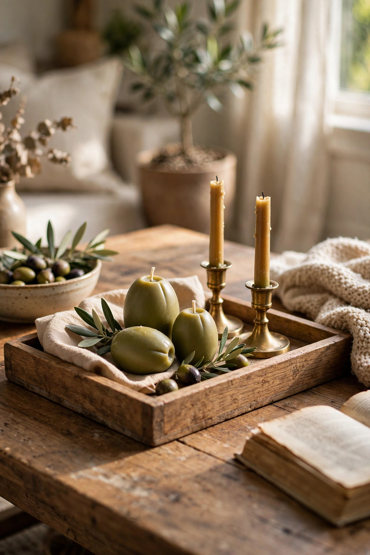 Wooden tray with olive candles and small brass objects