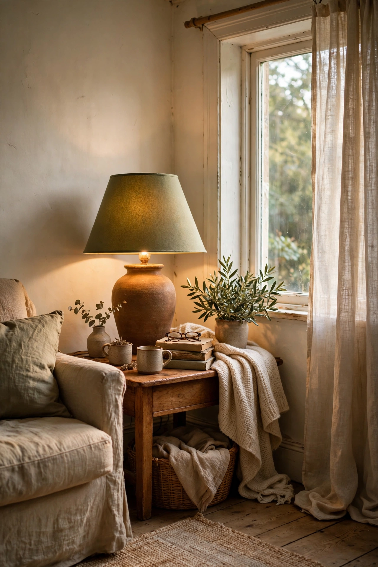 Table lamp with an olive green shade casting a warm glow