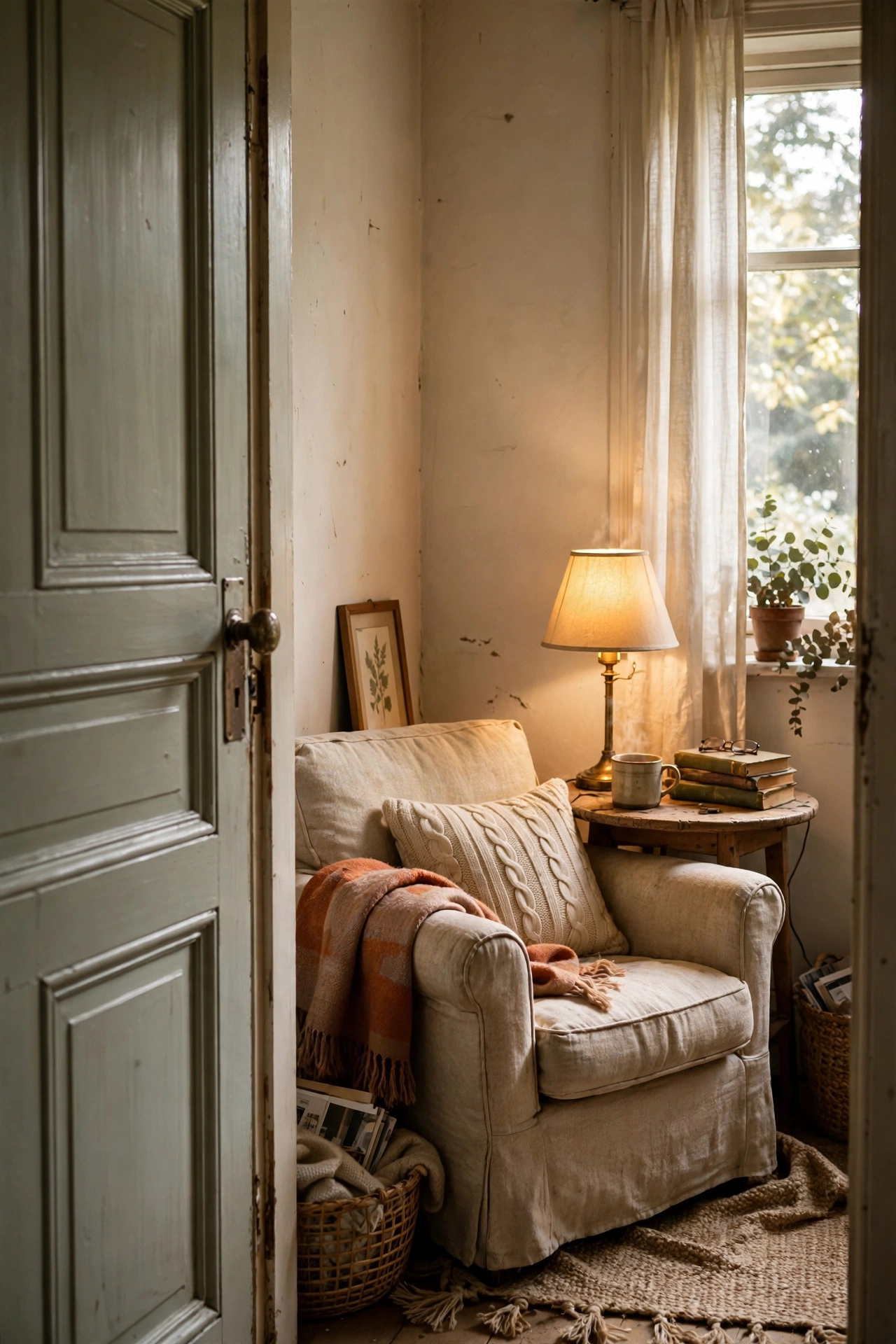 Small armchair reading nook tucked in the corner behind a door