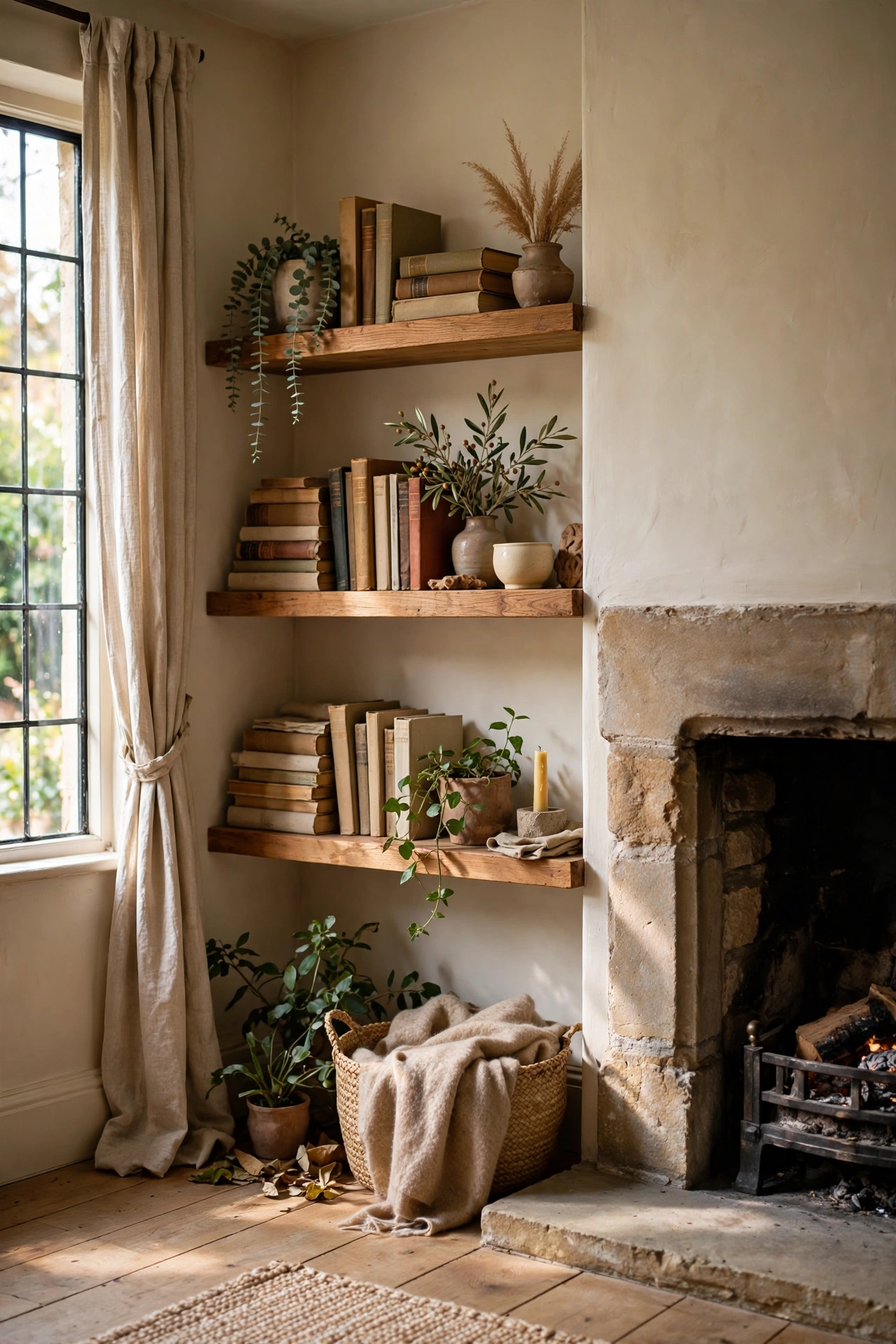 Floating shelves styled in the alcove beside a fireplace