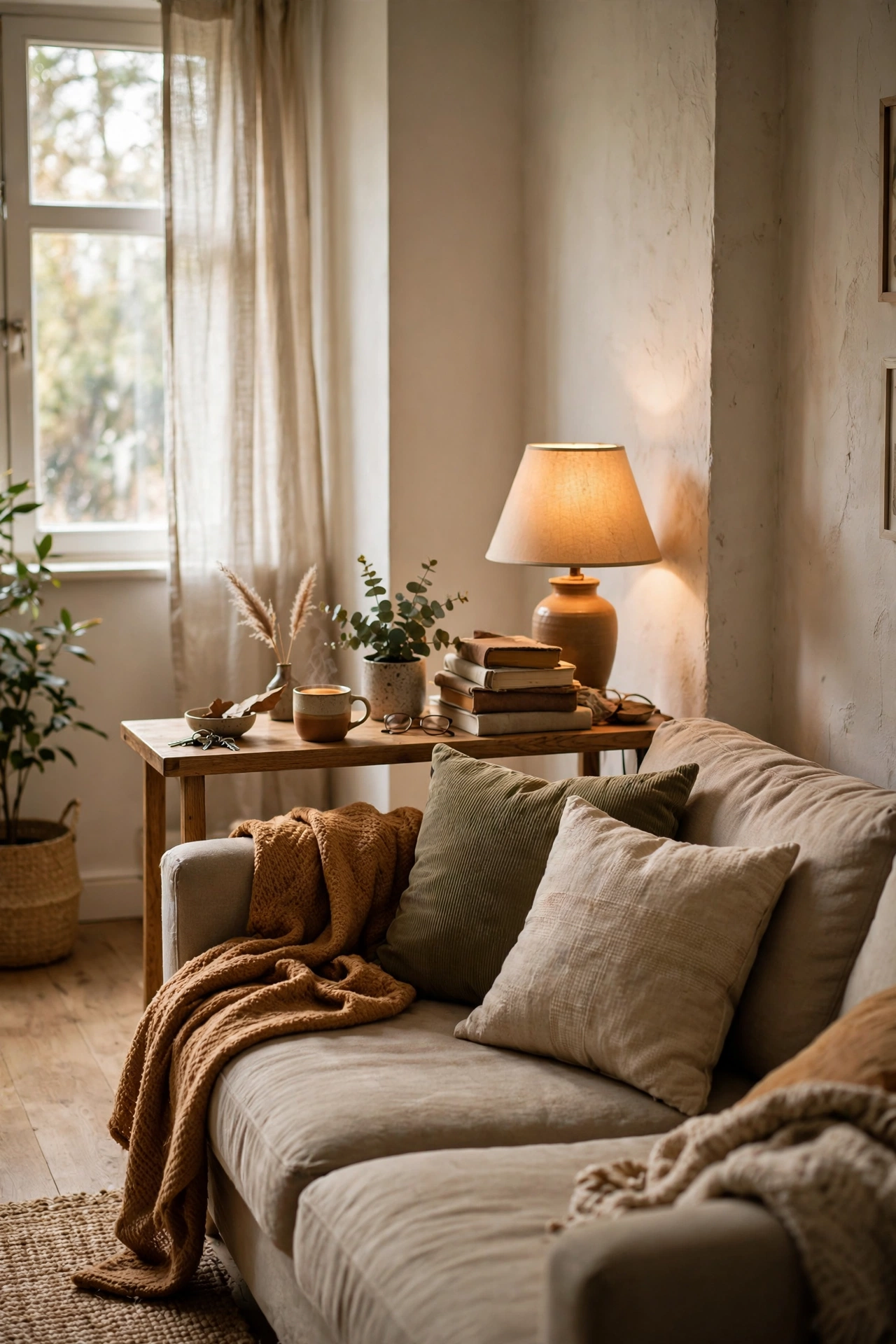 Narrow console table slid behind a floated sofa