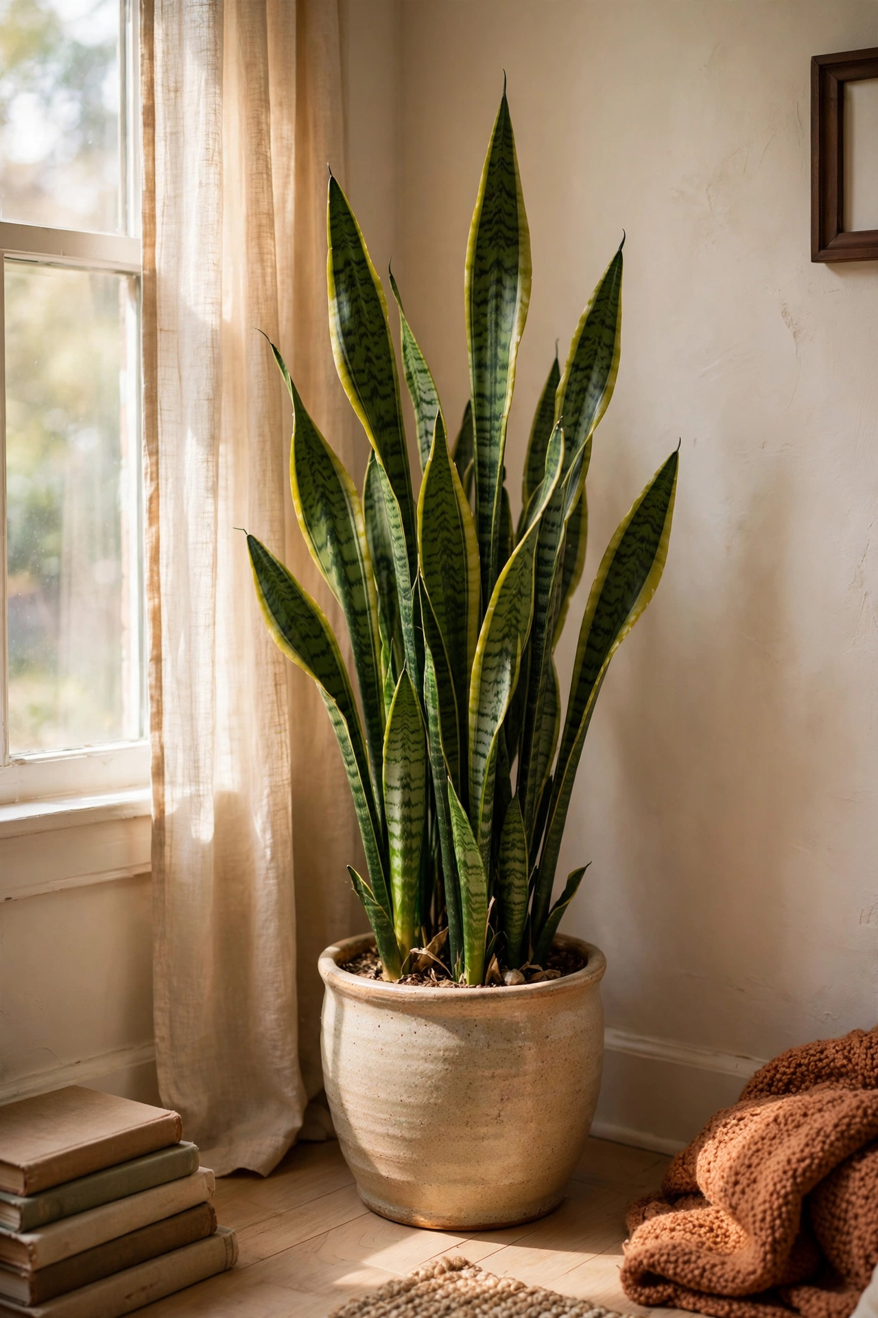 Tall snake plant filling an empty living room corner