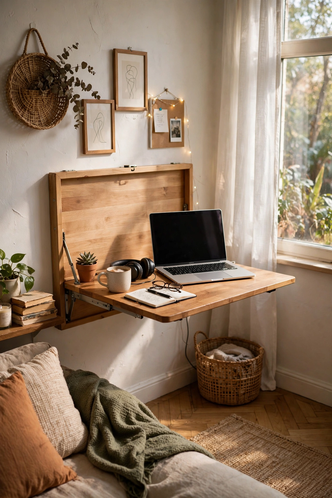 Fold-down wall table opened as a workspace