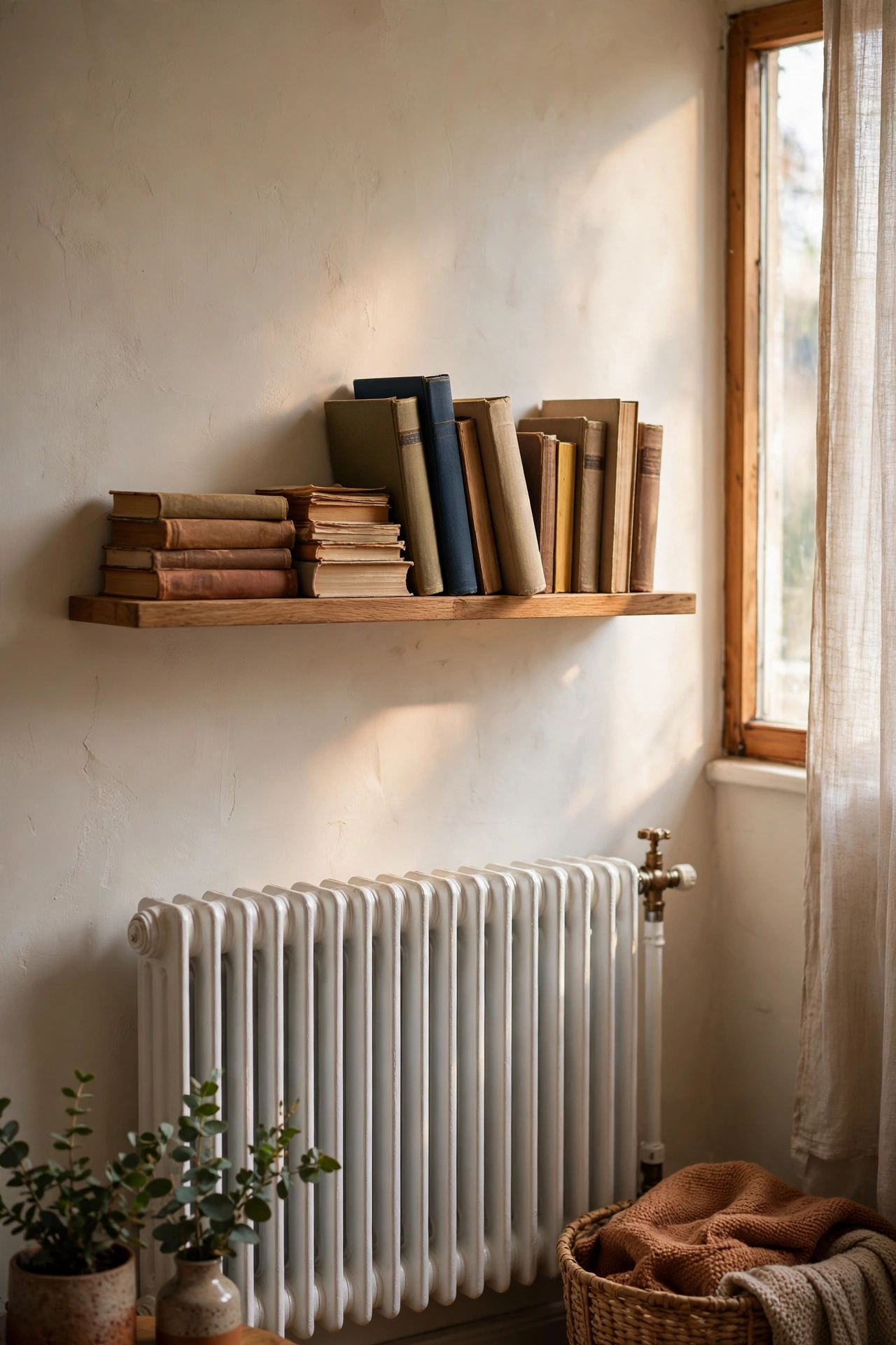 Shallow shelf mounted on the wall above a radiator