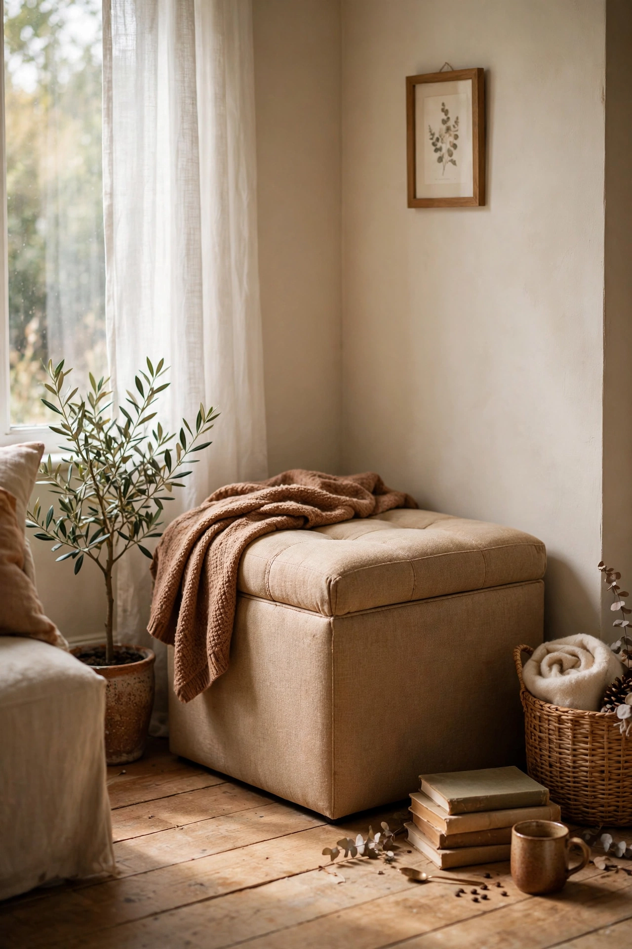 Cube storage ottoman tucked into a living room corner