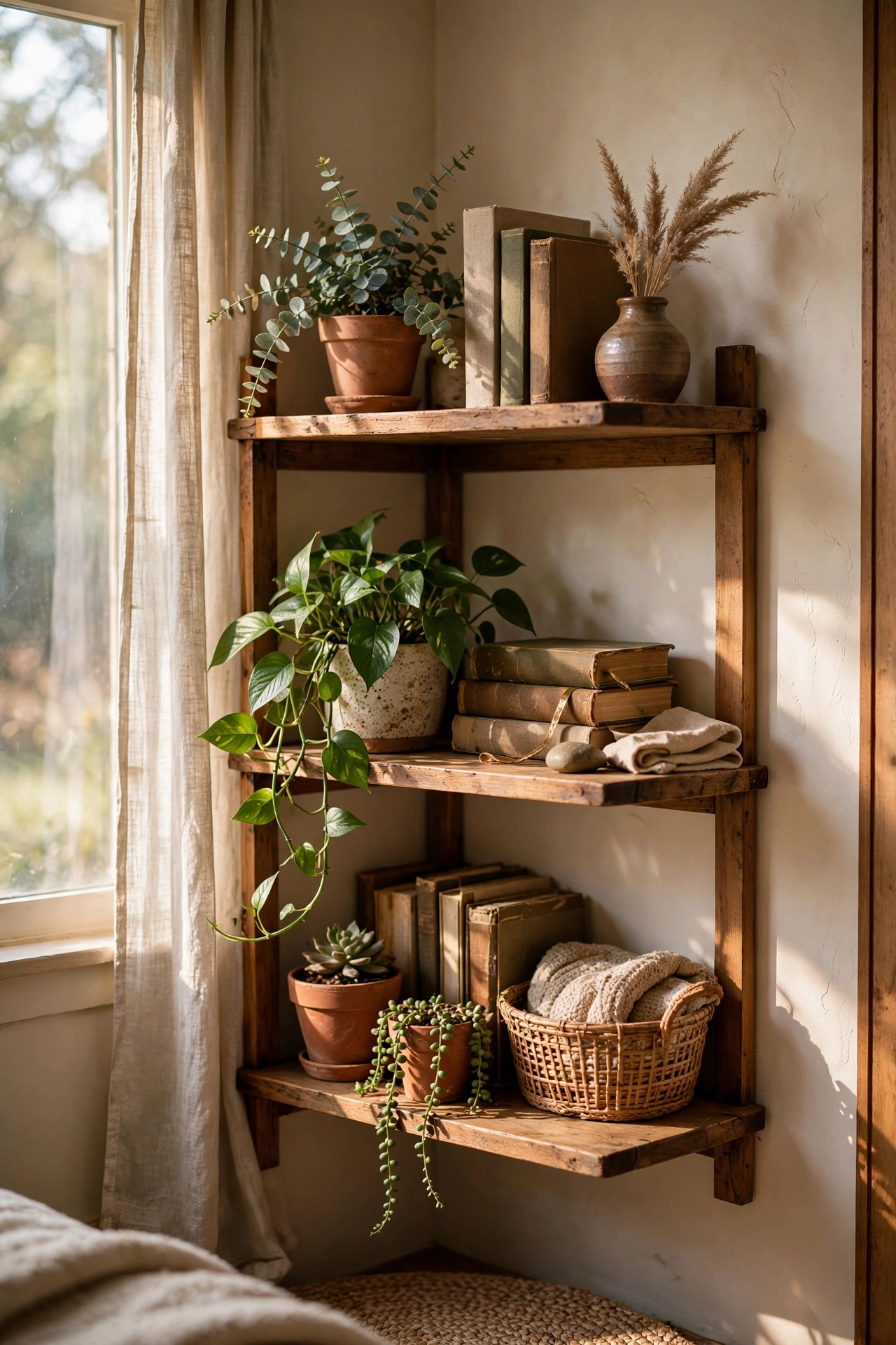 Three-tier corner shelf unit with plants and books