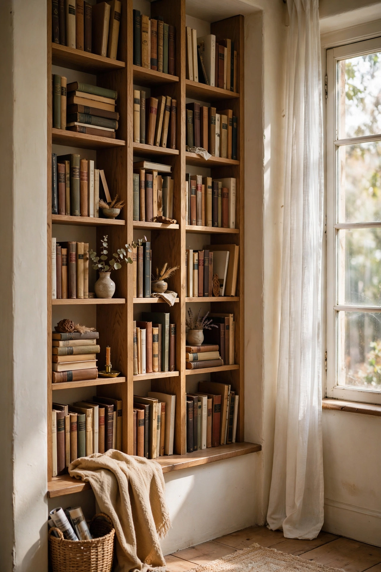 Slim bookcases fitted into a shallow hallway nook