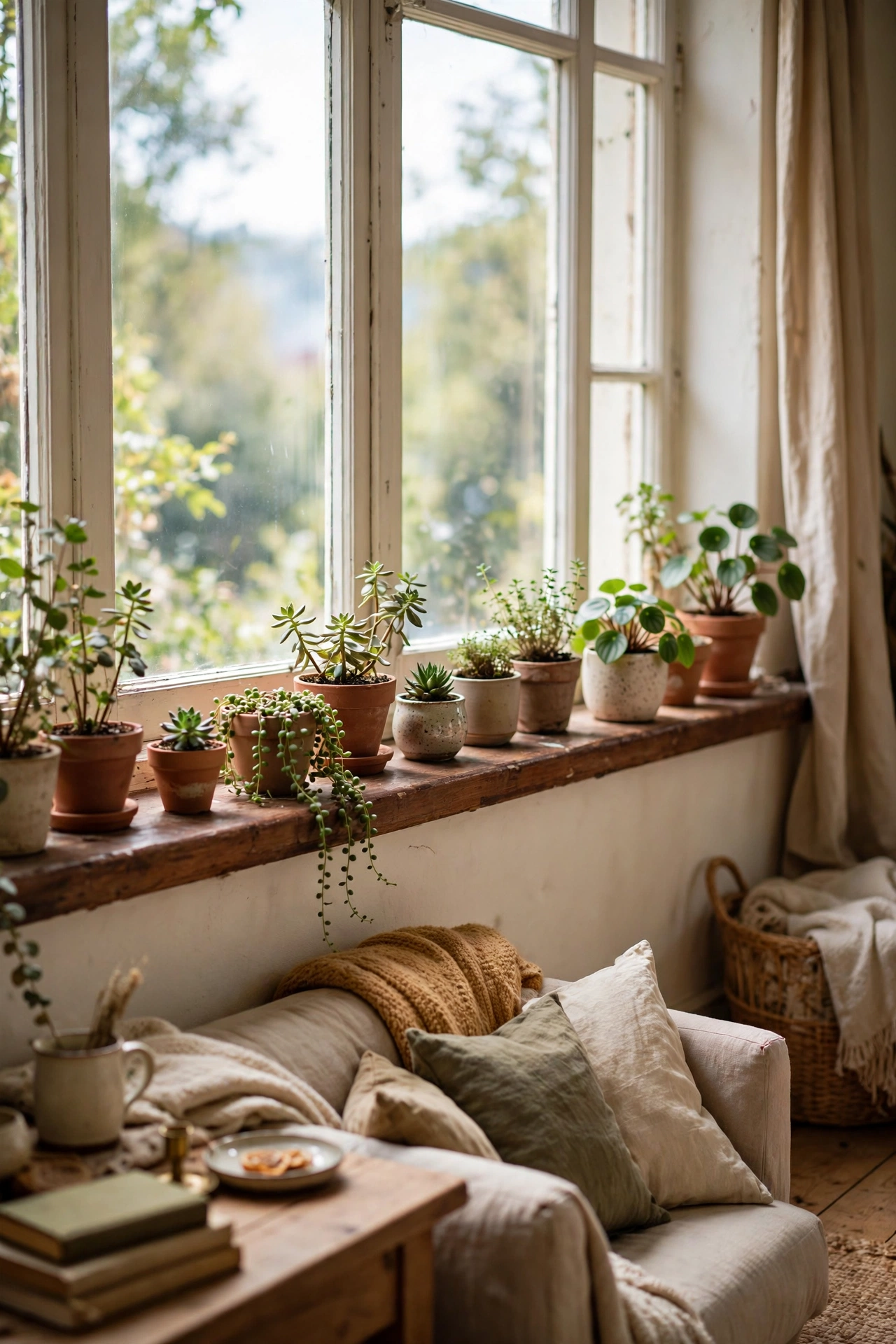 Deep windowsill turned into a garden ledge with potted plants