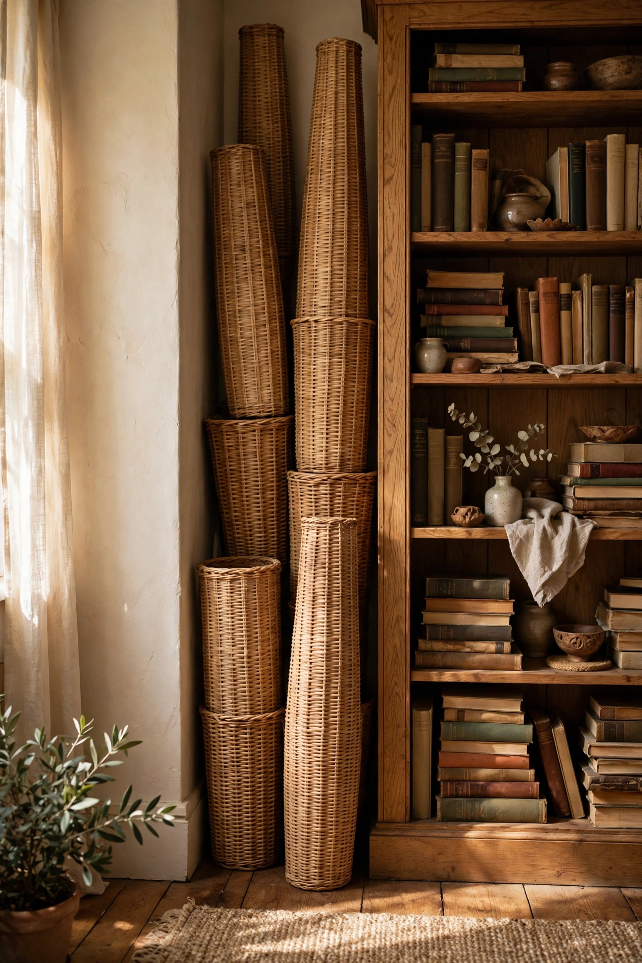 Tall narrow baskets filling the gap beside furniture