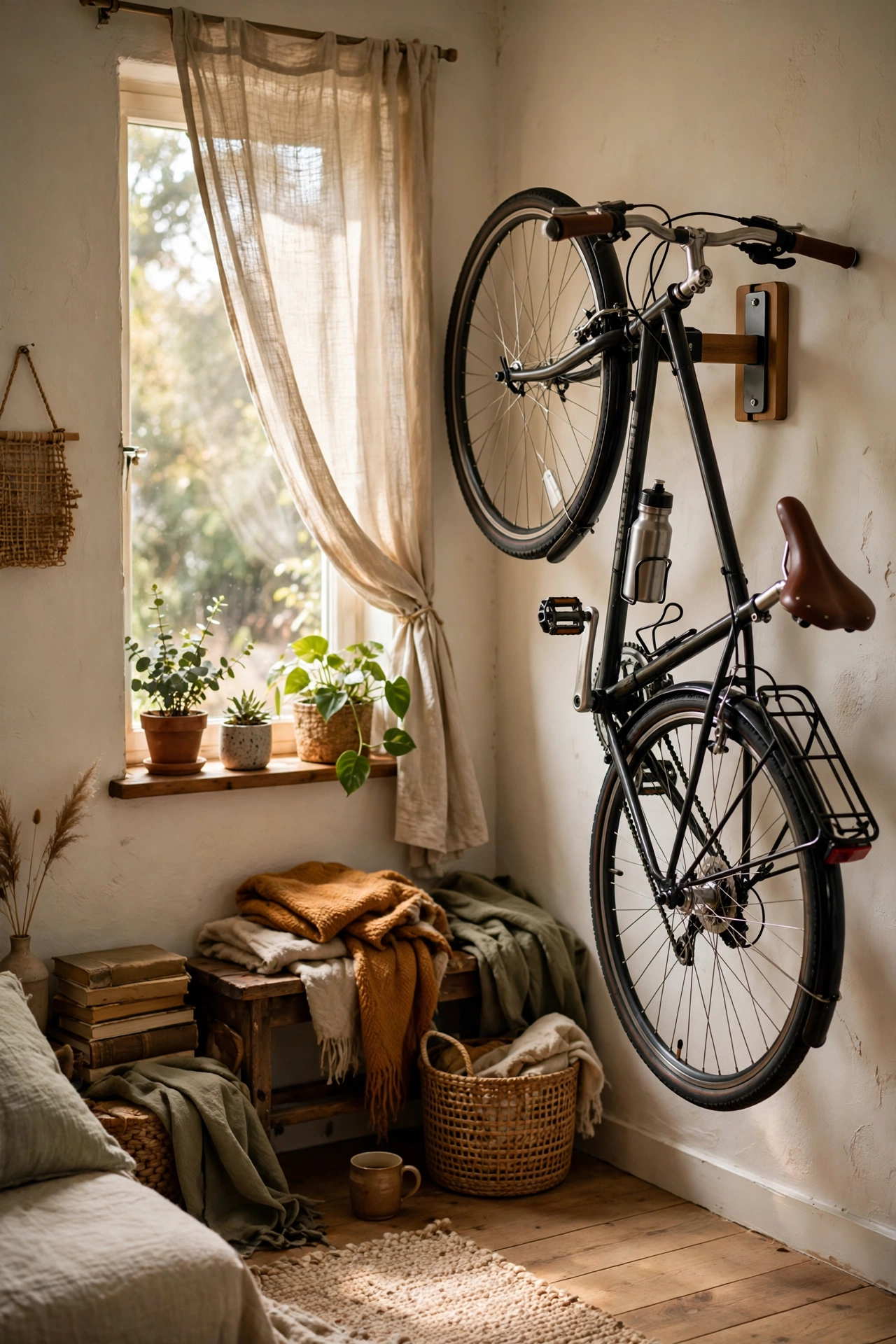 Bicycle hung on a wall mount freeing floor space