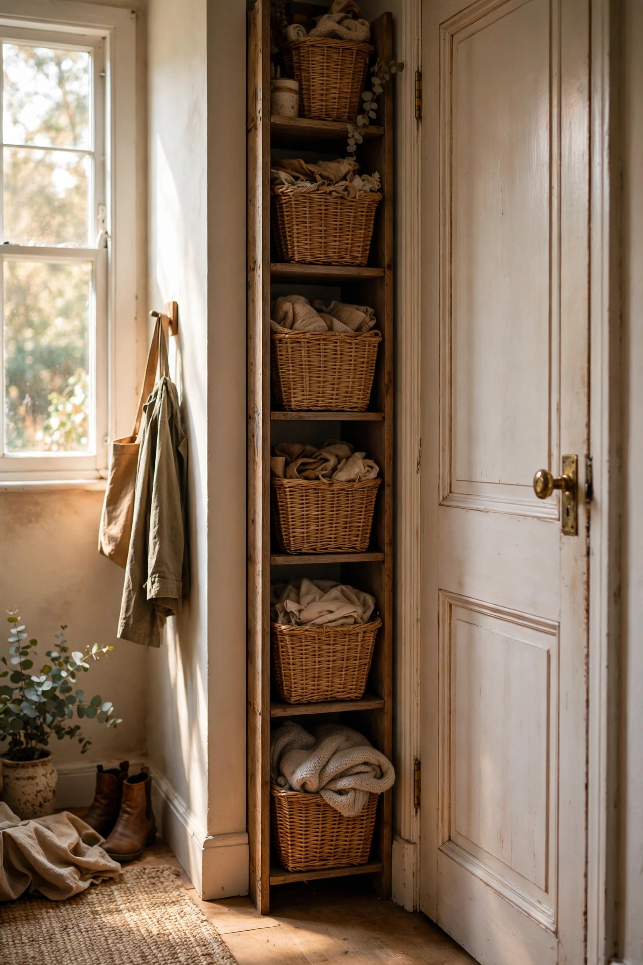 Tall narrow storage tower squeezed beside a door