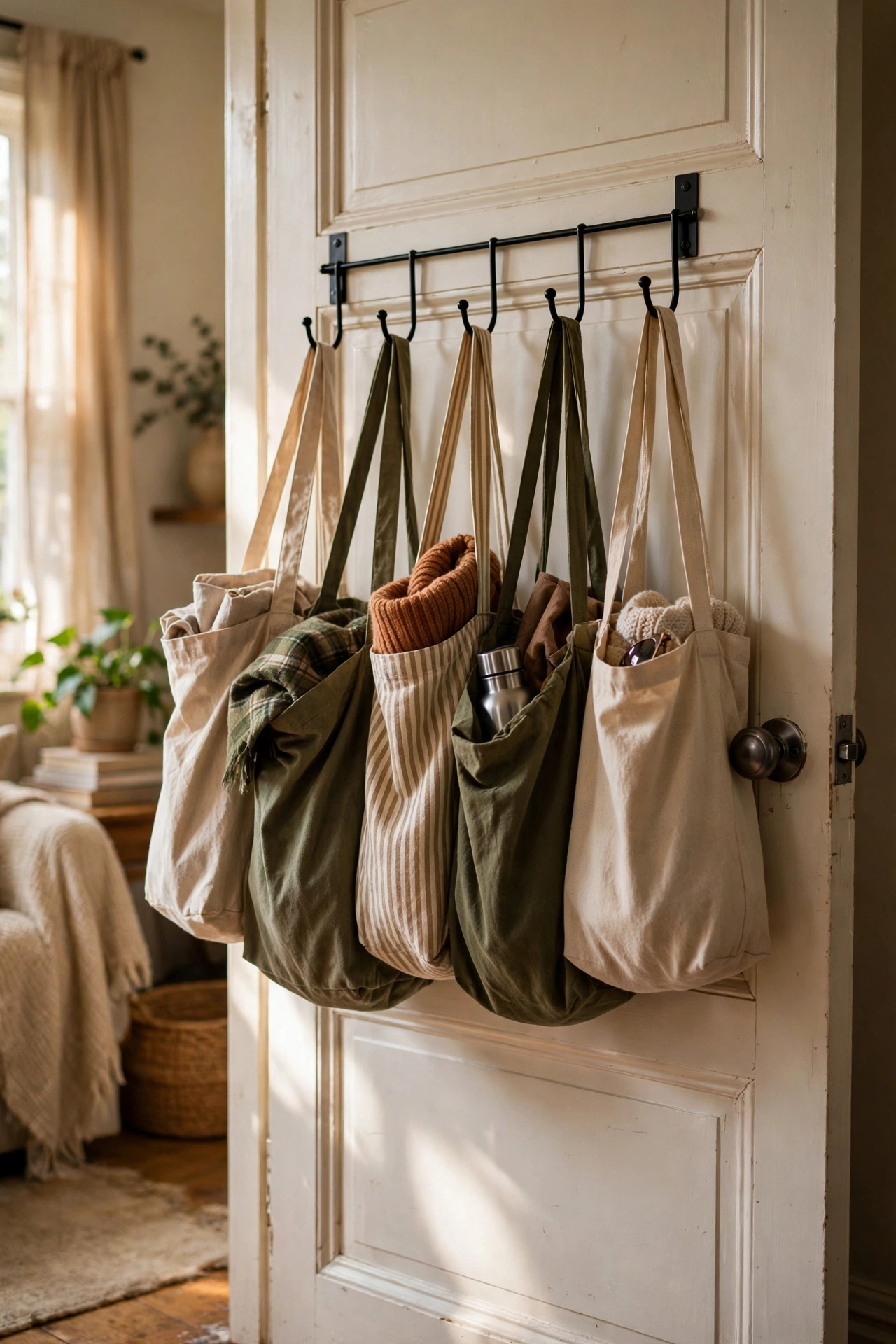 Over-door hooks holding bags on the back of a door