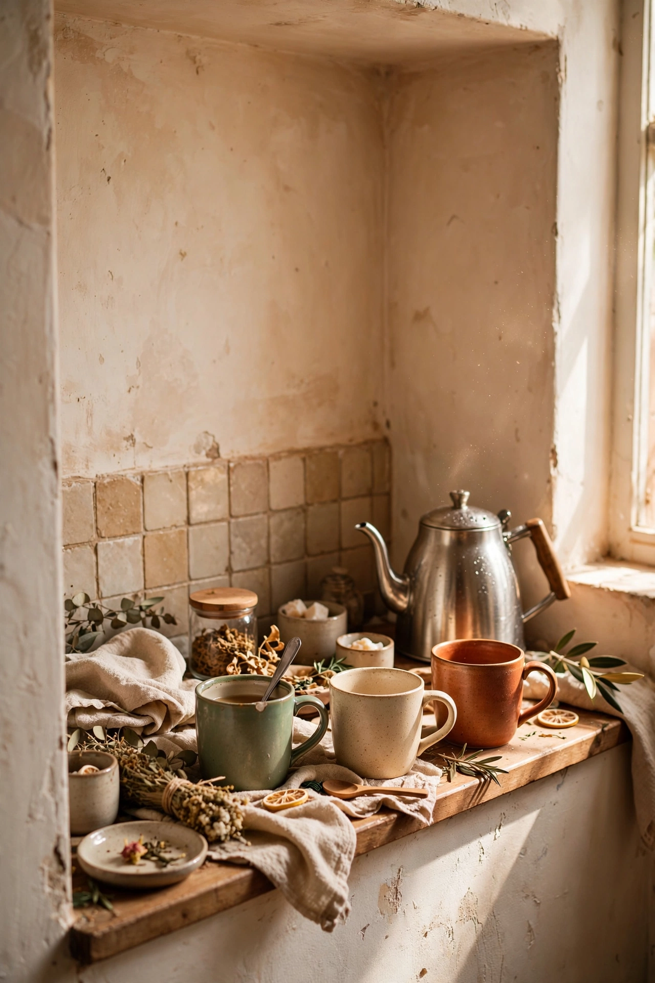 Shallow alcove styled as a tea station bar nook