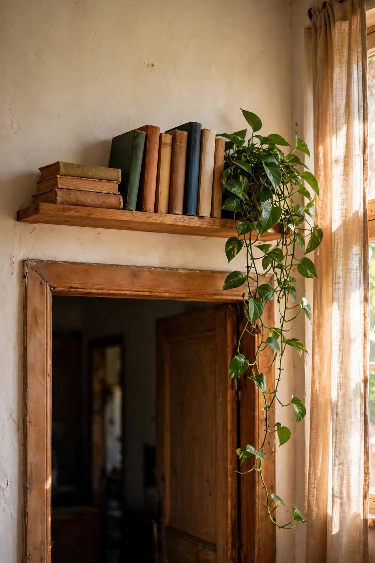 Shallow shelf with books mounted above a door frame